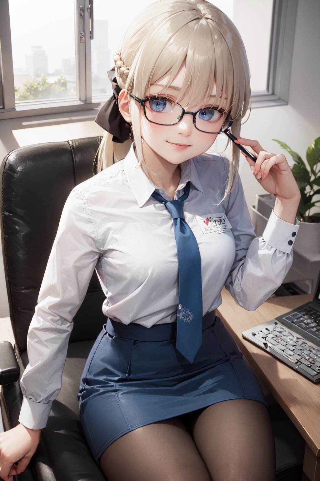 (masterpiece, best quality:1.2), <lora:fate_morganlefay-10:1>, solo, 1girl, morgan le fay, smile, looking at viewer, sitting in an office chair, long grey hair, braid, ponytail, hair bow, glasses, collared shirt, blue necktie, long sleeves, pencil skirt, pantyhose