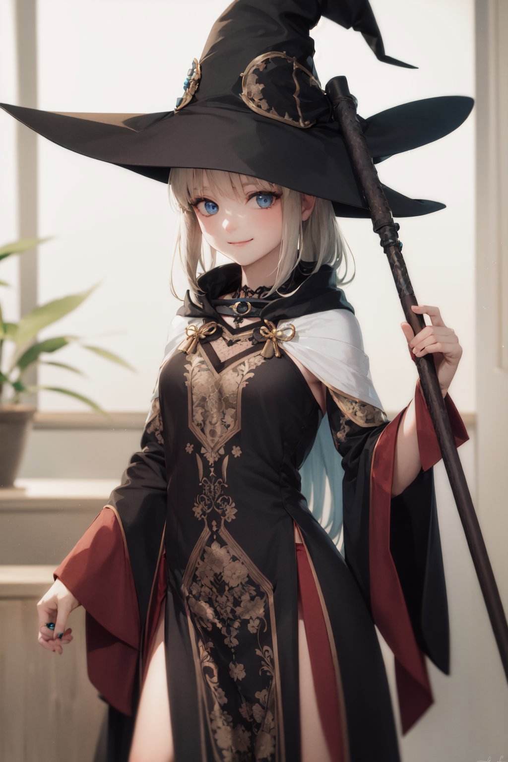 (masterpiece, best quality:1.2), <lora:fate_morganlefay-10:1.0>, cowboy shot, solo, 1girl, morgan le fay, smile, closed mouth, looking at viewer, long grey hair, witch hat, wizard robe, pelvic curtain