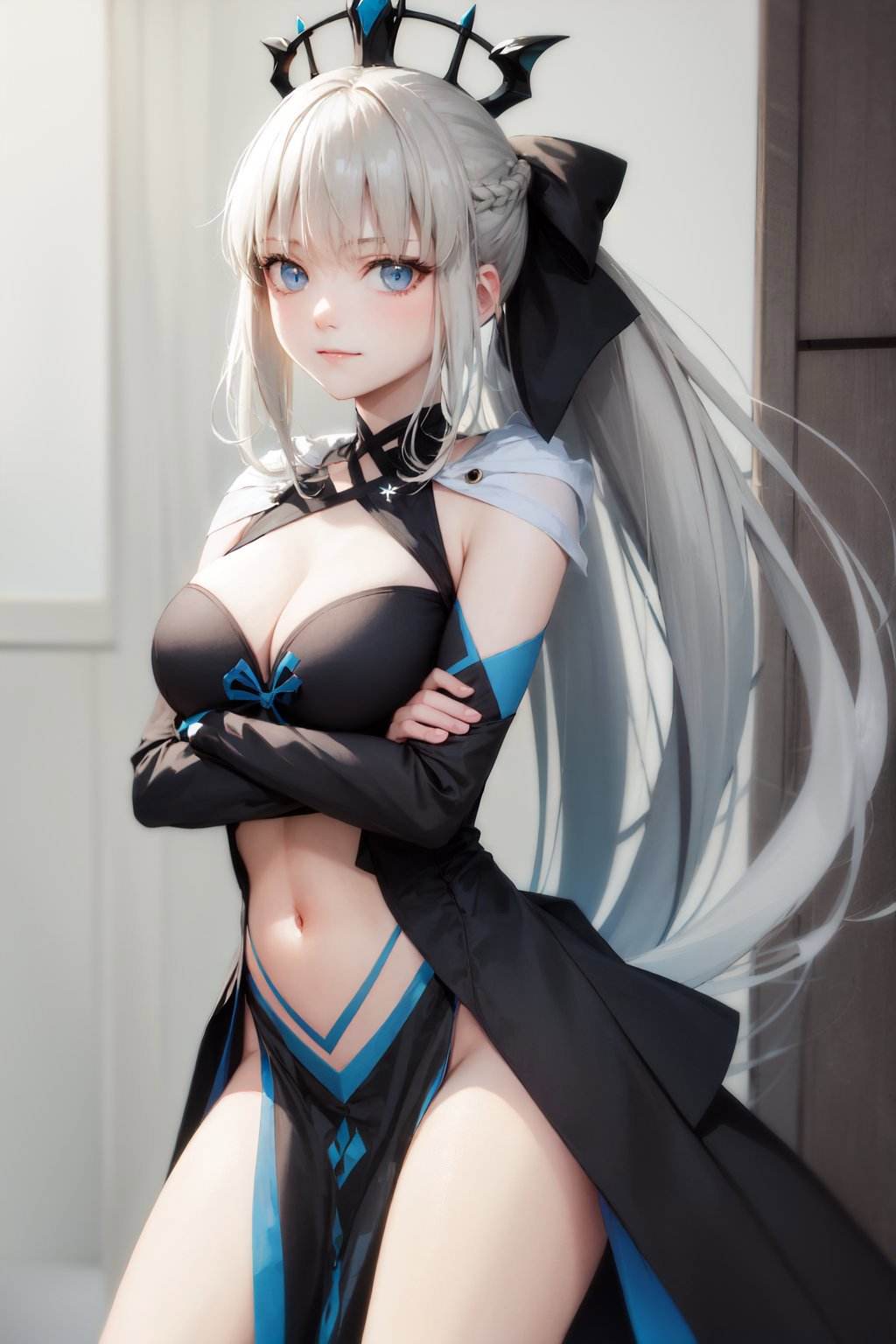 (masterpiece, best quality:1.2), <lora:fate_morganlefay-10:1>, cowboy shot, solo, 1girl, morgan le fay, slight smile, closed mouth, looking at viewer, crossed arms, long grey hair, braid, ponytail, hair bow, crown, veil, morgandef, two-tone dress, black dress, clothing cutout, stomach cutout, cleavage