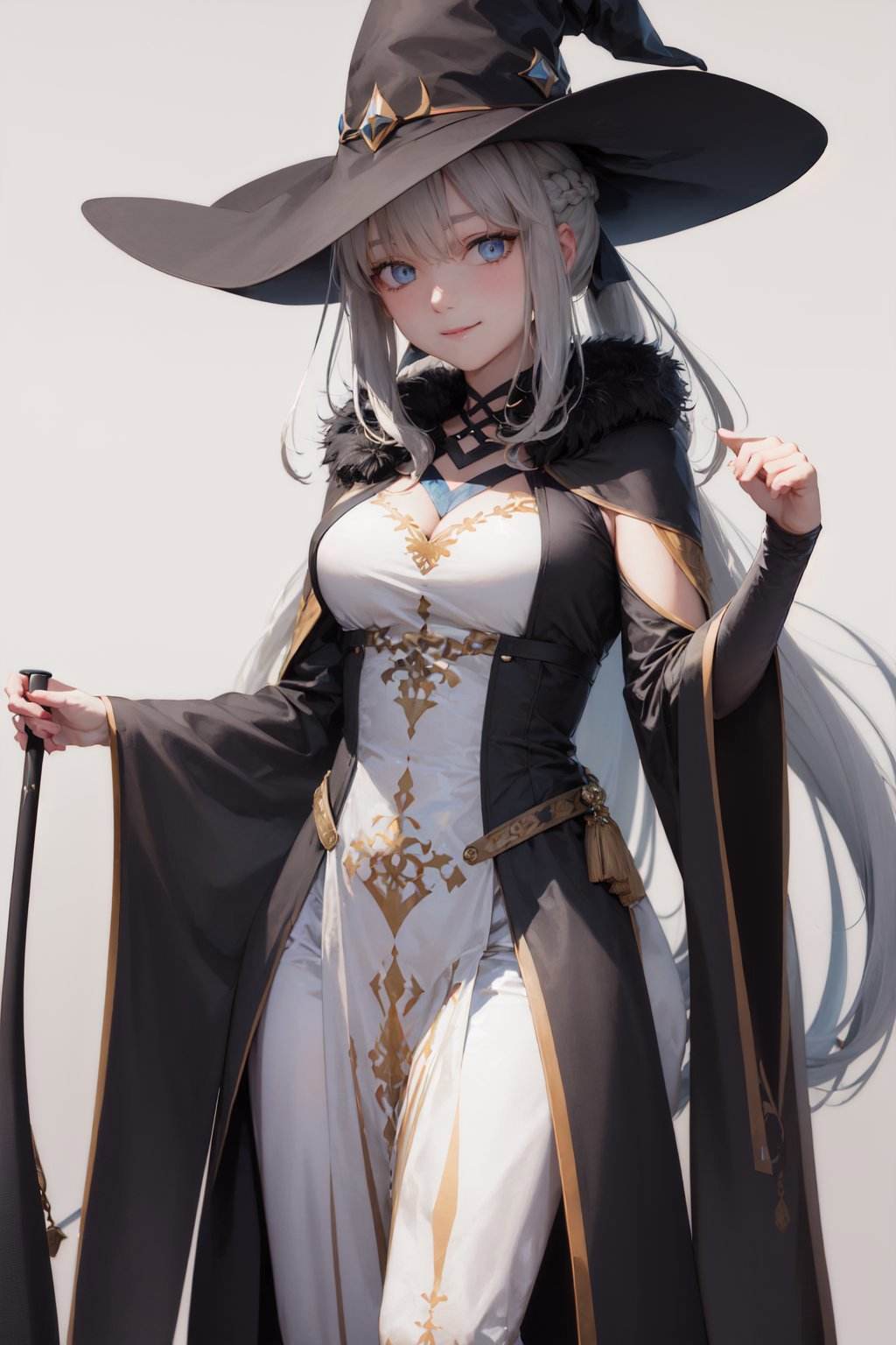 (masterpiece, best quality:1.2), <lora:fate_morganlefay-10:1.0>, cowboy shot, solo, 1girl, morgan le fay, smile, closed mouth, looking at viewer, long grey hair, witch hat, wizard robe, pelvic curtain