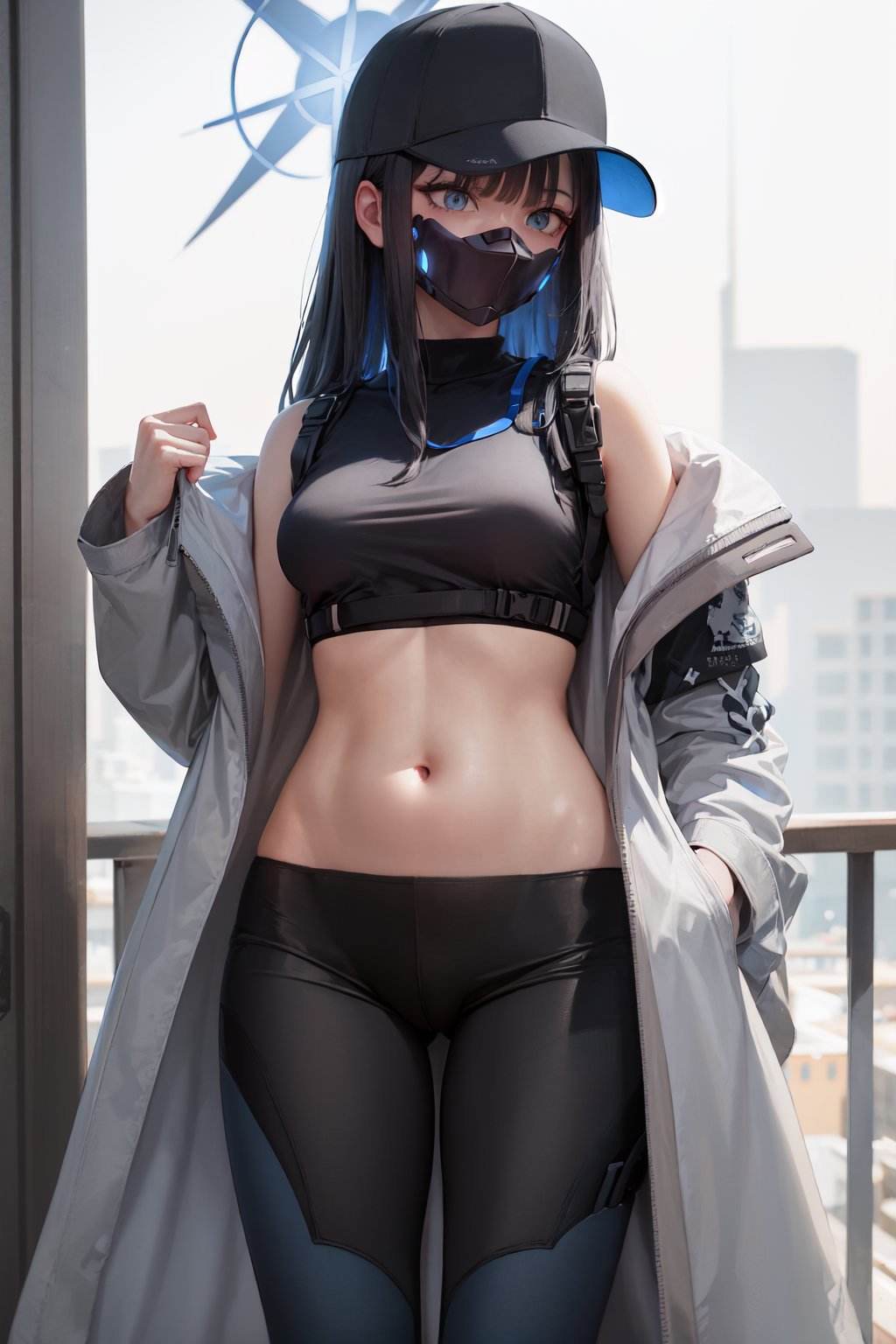 (masterpiece, best quality:1.2), <lora:ba_saori-10:1>, solo, 1girl, saori \(blue archive\), mouth mask, looking to the side, long hair, black hair, baseball cap, halo, blue eyes, open clothes, off shoulder, coat, crop top, chest harness, black pants