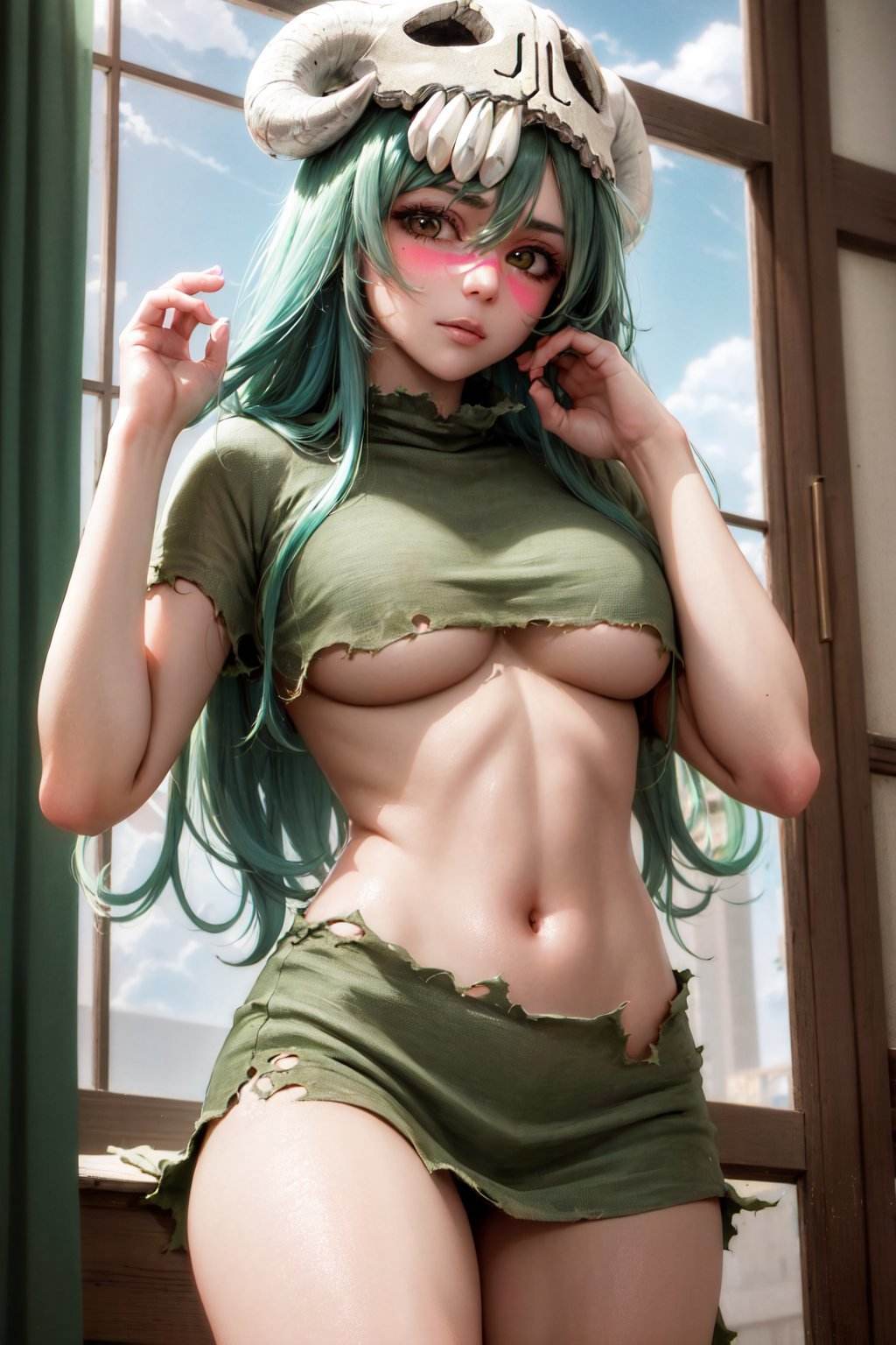 (masterpiece, best quality:1.2), <lyco:bleach_odelschwanck-11:0.9>, cowboy shot, solo, 1girl, odelschwanck, expressionless, closed mouth, looking at viewer, hand in own hair, green hair, skull, torn clothes, underboob, skirt