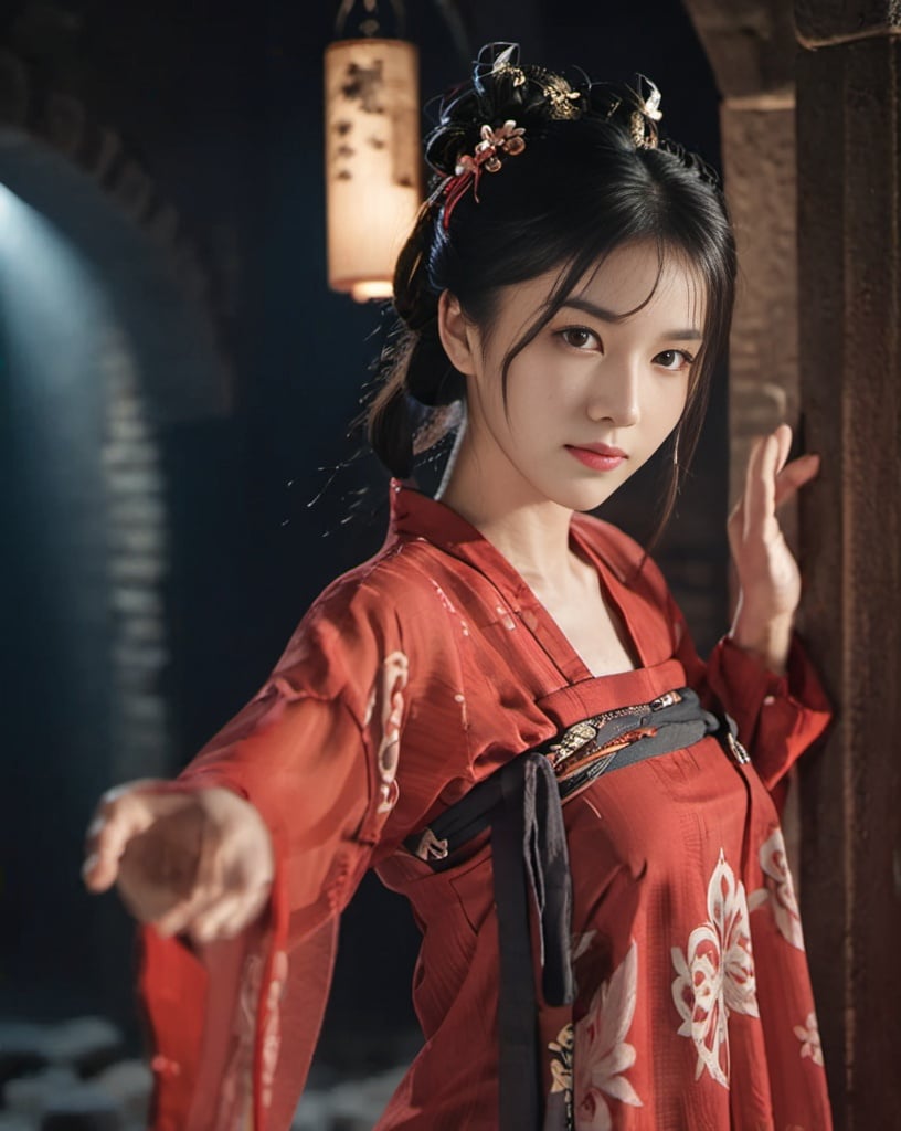 A cinematic upper body photograph of a female in a dungeon, (she wearing red hanfu), shadows, black hair, dynamic scene, epic pose, highly detailed face, seductive smile, black eyes, cinematic, fujifilm, intricate, detailed, raw photograph,<lora:tangStyle_sdxl_autodl_v11-000027:0.8>