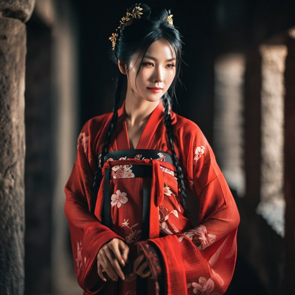 A cinematic upper body photograph of a female in a dungeon, (she wearing red hanfu, tang style), shadows, black hair, dynamic scene, epic posge, highly detailed face, seductive smile, black eyes, cinematic, fujifilm, intricate, detailed, raw photograph,