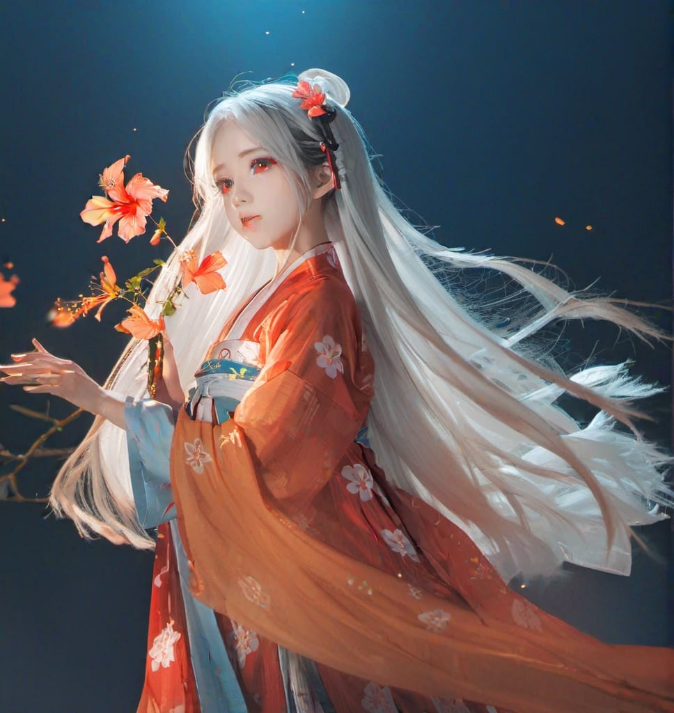 hibiscus collage , masterpiece, best quality, frontal expression front body, cute, 1girl, break Blue background, break light particle, solo, silver long hair, orange eyes, standing, pixiv, depth of field, cinematic compotision, best lighting, looking up, bust up zoom, red hanfu,<lora:hanfuTang_v40_M_SDXL:0.75>