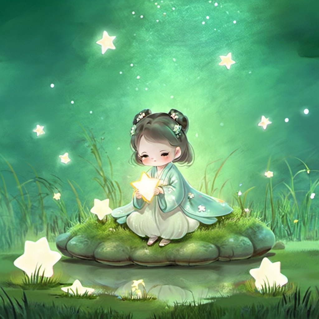 star,starlight,forest,1girl,grass,mushroom,squirmle,nights,surrounded by shining stars,best quality,masterpiece,illustratio,1girl, hanfu, tang style outfits