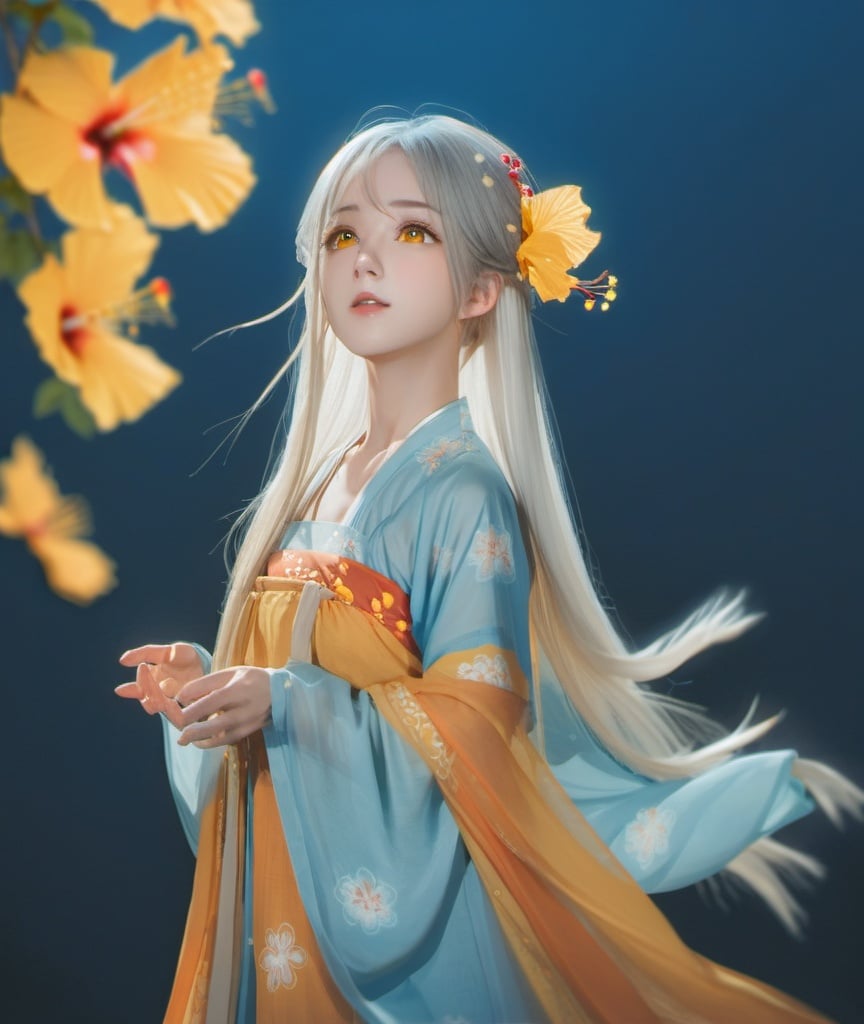 hibiscus collage , masterpiece, best quality, frontal expression front body, cute, 1girl, break Blue background, break light particle, solo, silver long hair, orange eyes, standing, pixiv, depth of field, cinematic compotision, best lighting, looking up, bust up zoom, yellow hanfu,<lora:hanfuTang_v40_M_SDXL:0.75>