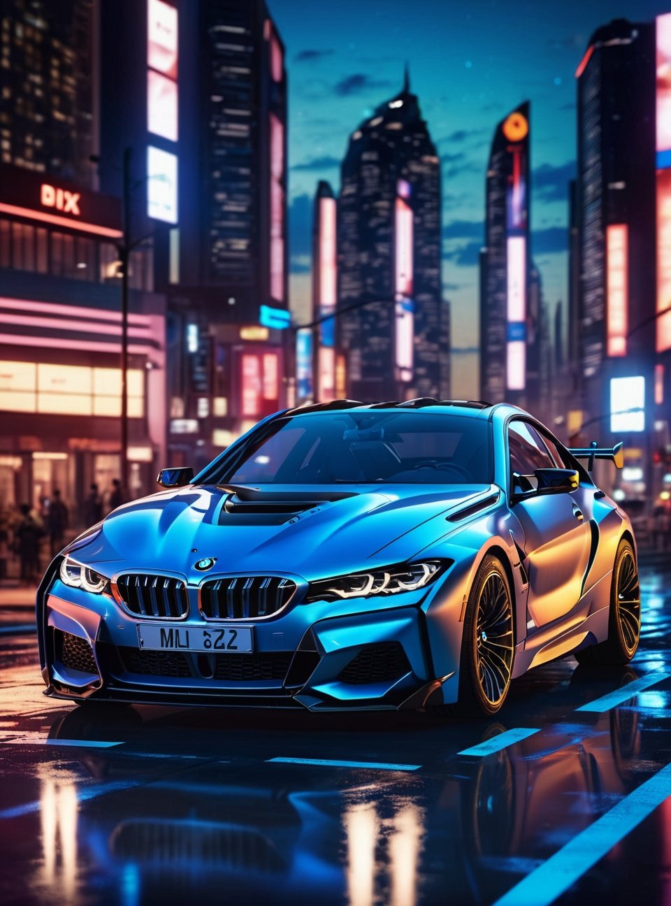 a bmw car, night city, epic photo, highly detailed, masterpiece, blue neon lights, cinematic angle, best quality, solo, bokeh, pixiv, depth of field