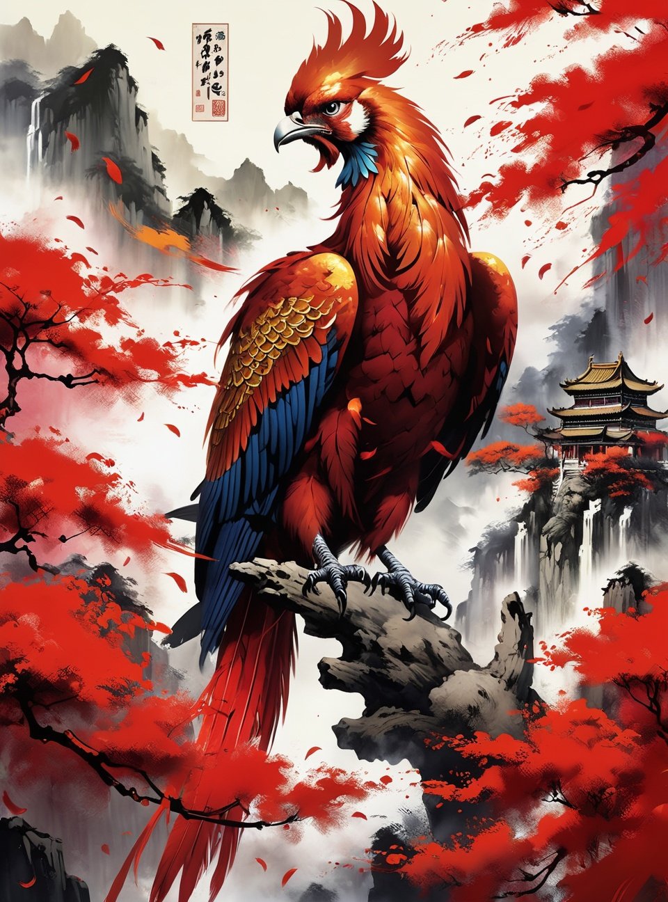 ((masterpiece)),((best quality)),((official art)),(extremely detailed CG unity 8k wallpaper),((highly detailed)),((illustration)),traditional chinese painting,((Chinese wind)),Phoenix,red feather,