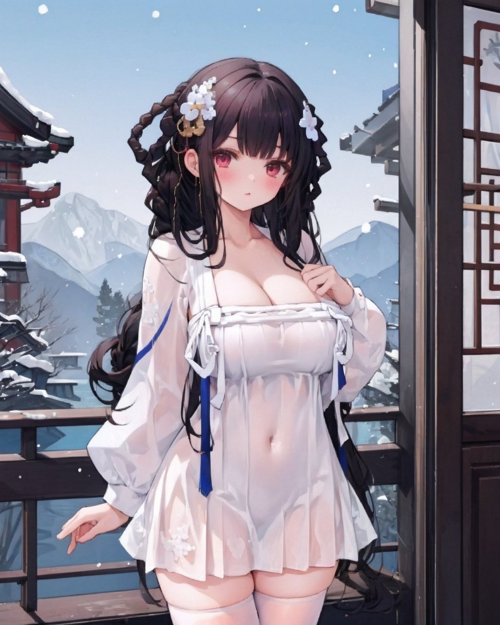 1girl,solo,yatsen,standing,cowboy shot, hand on own chest, large breasts, white dress,town,snowing,cleavage, white thighhighs, ,  <lora:YatSenV3r[yatsen,white dress,white thighhighs]:1>