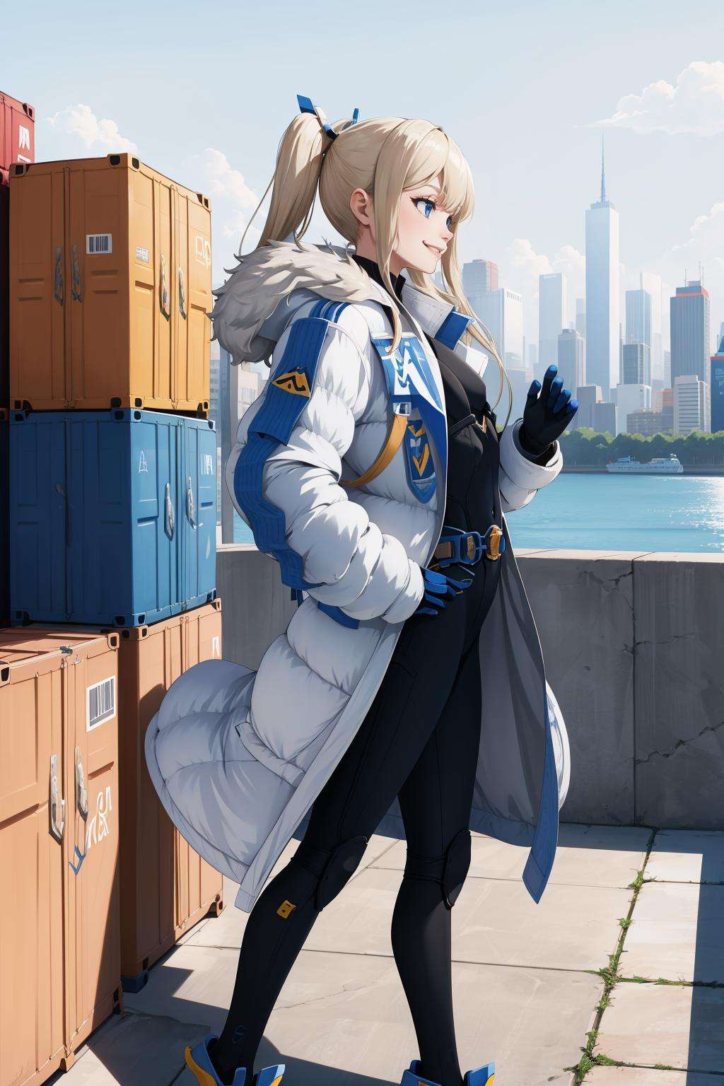 masterpiece, best quality, laplace, hair ornament, white coat, belt, black bodysuit, fur trim, gloves, blue boots, from side, hands to hips, smile, furrowed brow, docks, storage containers, city <lora:laplace-nvwls-v1-000012:0.9>