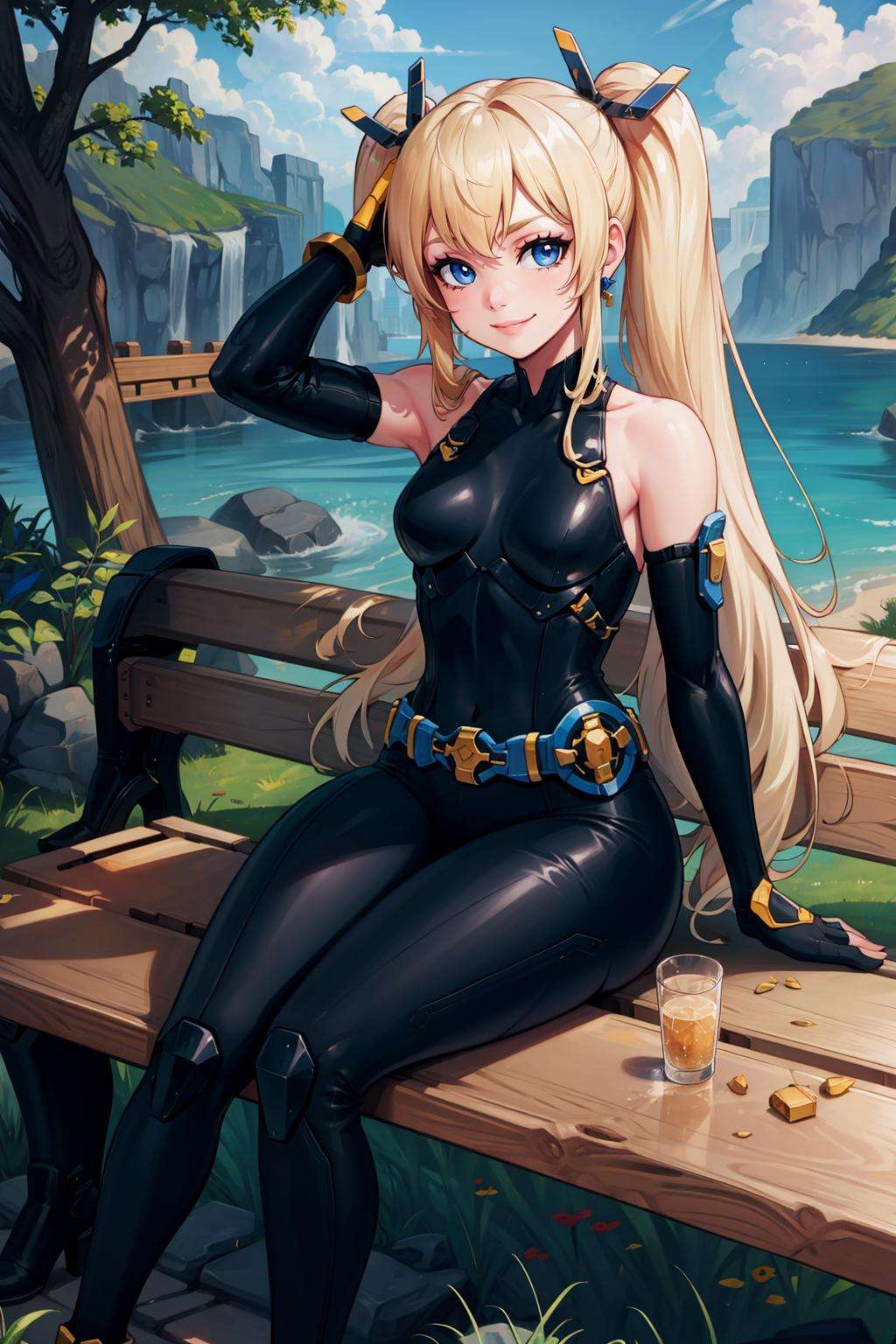 masterpiece, best quality, laplace, hair ornament, belt, black bodysuit, bare shoulders, gloves, blue boots, park, bench, sitting, arms behind head, smile<lora:laplace-nvwls-v1-000012:0.9>