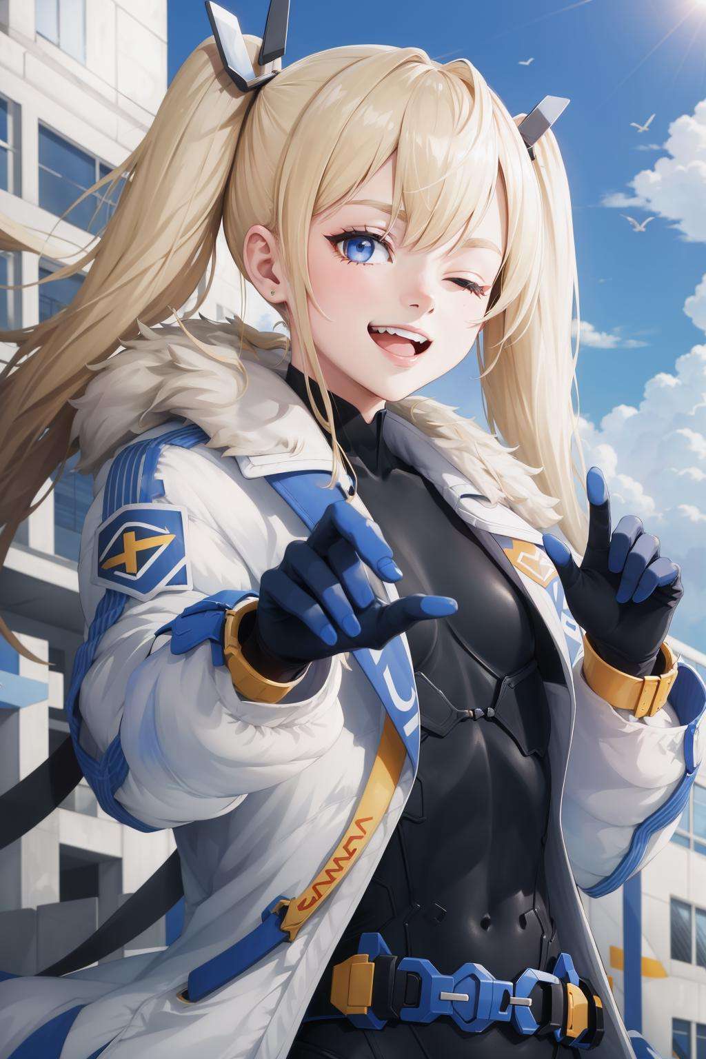 masterpiece, best quality, laplace, hair ornament, white coat, belt, black bodysuit, fur trim, gloves, upper body, smile, smug, open mouth, one eye closed, looking at viewer, construction site, sky <lora:laplace-nvwls-v1-000012:0.9>