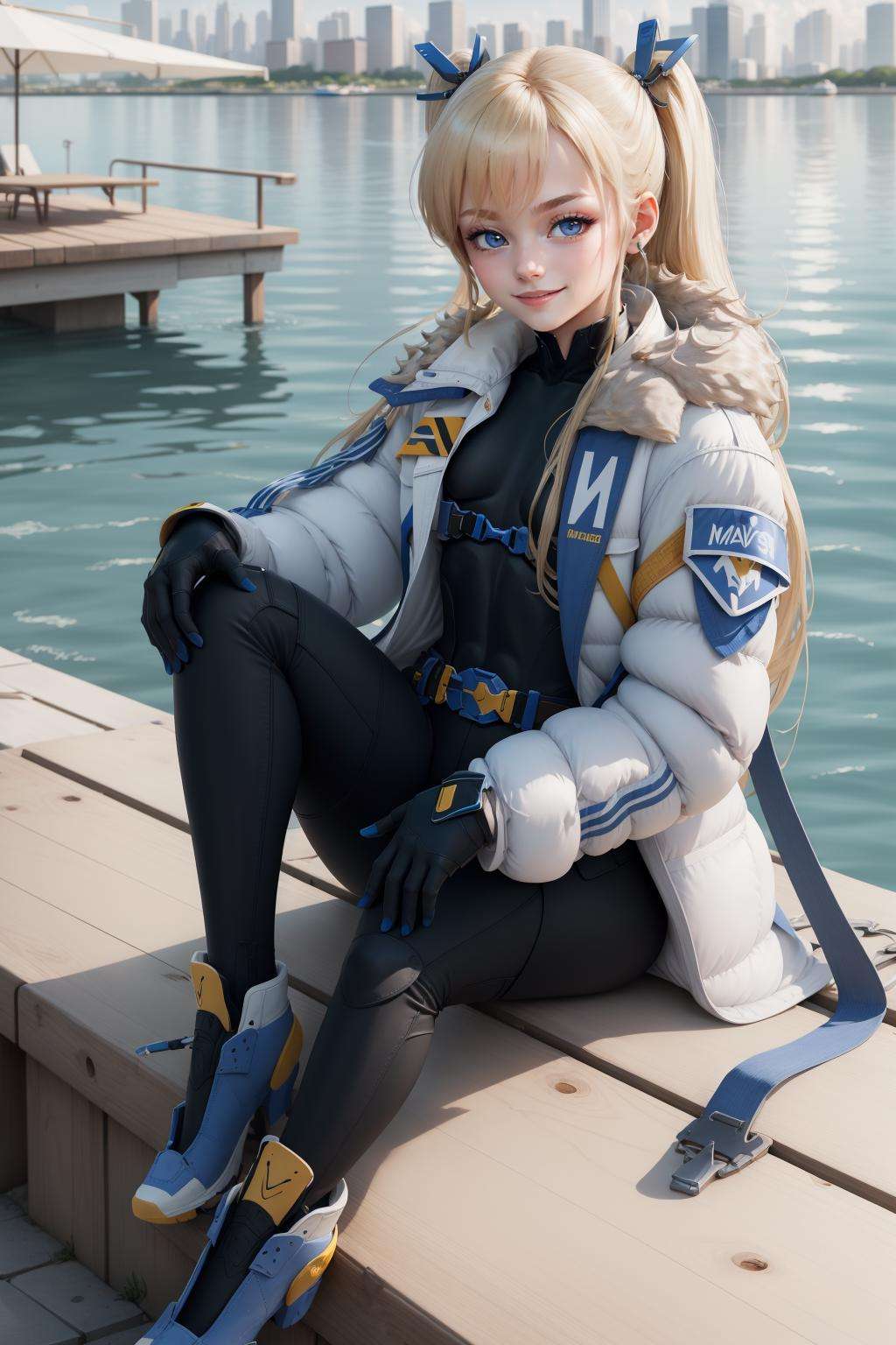 masterpiece, best quality, laplace, hair ornament, white coat, belt, black bodysuit, fur trim, gloves, blue boots, sitting, smug, smile, closed mouth, looking at viewer, docks, city <lora:laplace-nvwls-v1-000012:0.9>