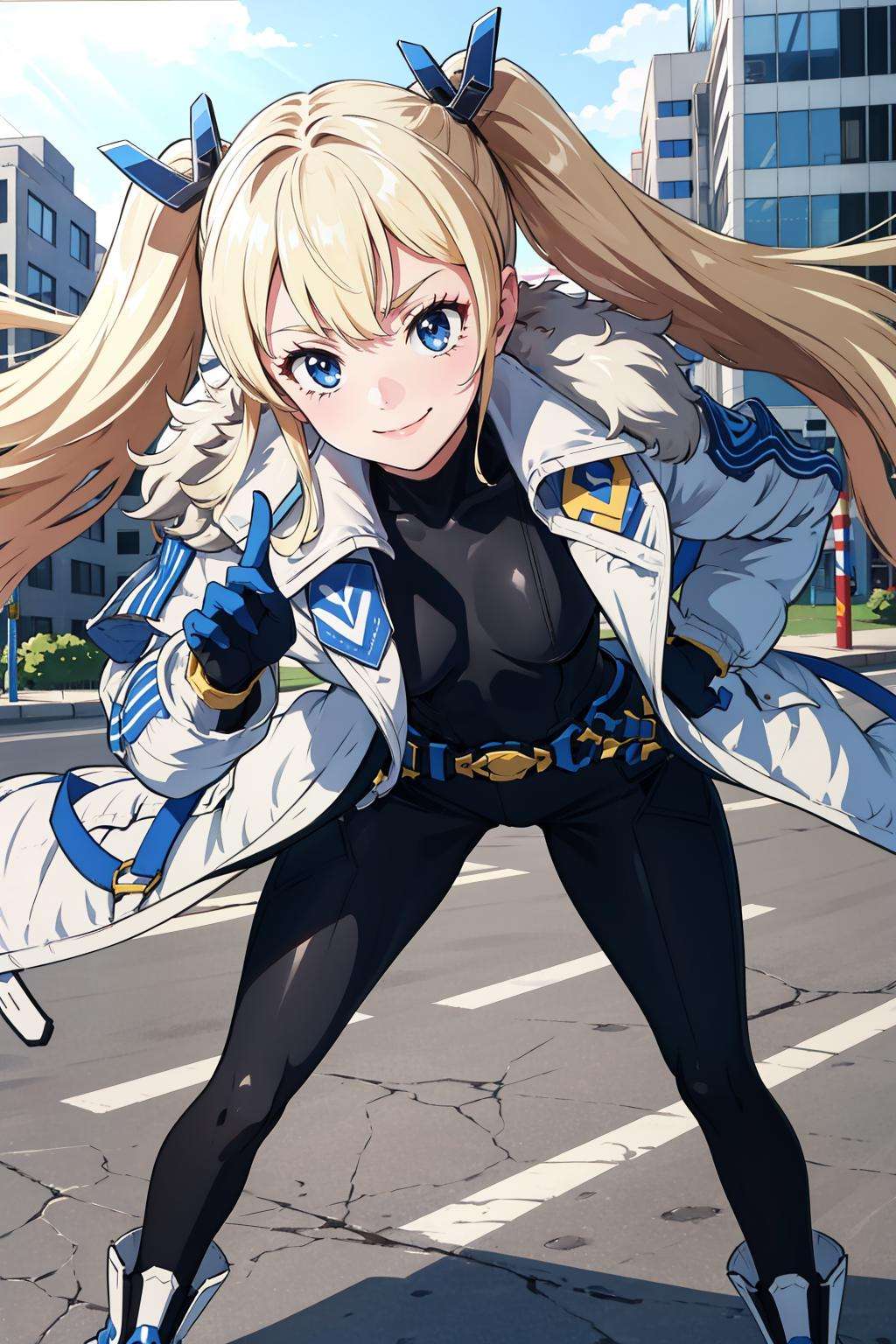 masterpiece, best quality, laplace, hair ornament, white coat, belt, black bodysuit, fur trim, gloves, blue boots, standing, smug, smile, leaning forward, city street, close-up <lora:laplace-nvwls-v1-000012:0.9>