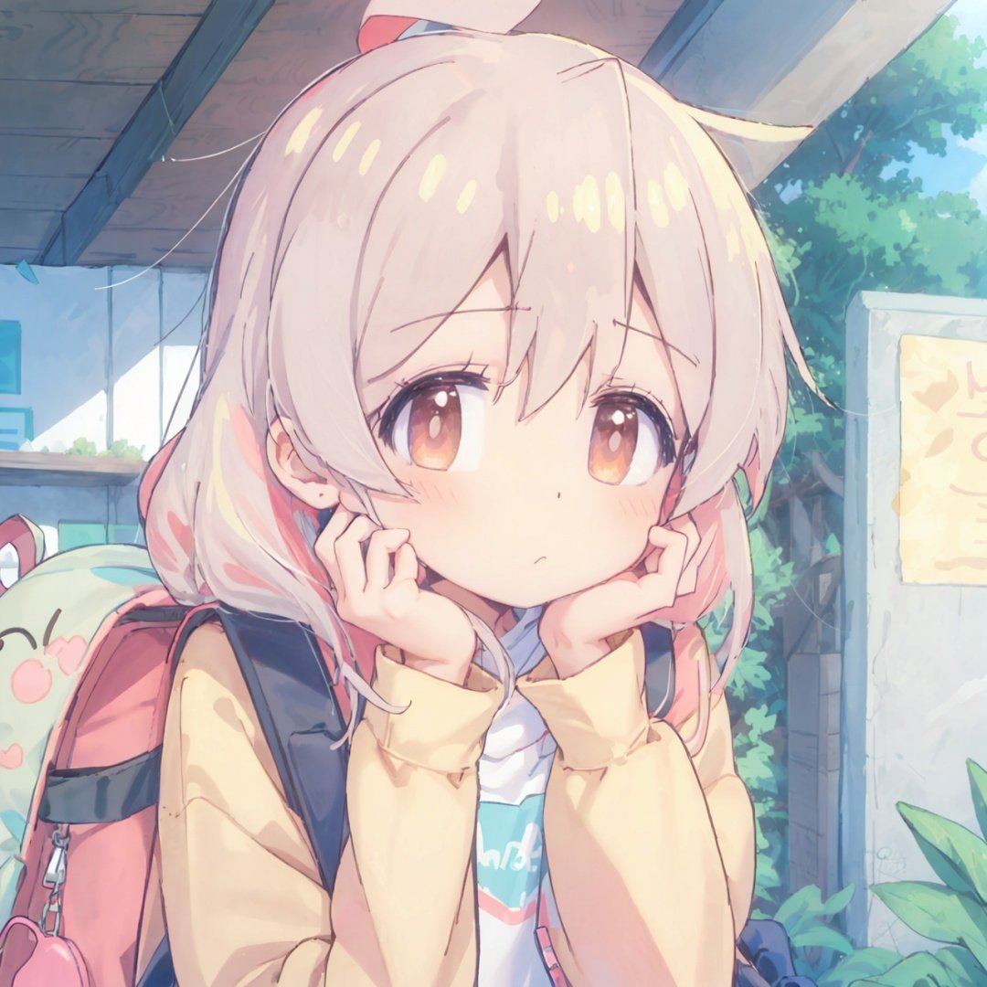 (anime style),  (anime screen), portrait, close up, white hair, red eyes, anime style,  1girl,  solo,  long hair,  looking at viewer,  hair,  blurry,  closed mouth,  blurry background,  jacket,  outdoors,  bag,  blush,  bangs,  long sleeves,  upper body,  backpack,  hand up,  hand on own face,  head rest,  depth of field,  hand on own cheek,  cloud,cuteloli,mahiro