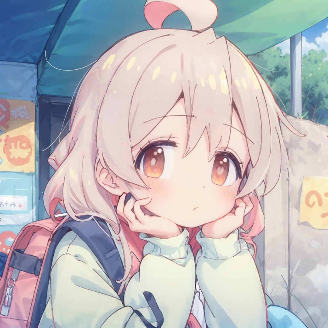 (anime style),  (anime screen), portrait, close up, white hair, red eyes, anime style,  1girl,  solo,  long hair,  looking at viewer,  hair,  blurry,  closed mouth,  blurry background,  jacket,  outdoors,  bag,  blush,  bangs,  long sleeves,  upper body,  backpack,  hand up,  hand on own face,  head rest,  depth of field,  hand on own cheek,  cloud,cuteloli,mahiro