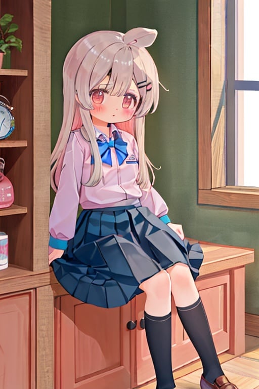 masterpiece, best quality, best quality,Amazing,beautiful,blush, bow, hair_ornament, hairclip, long_hair, long_skirt, long_sleeves, rabbit_house_uniform, shirt, shoes, skirt, {loli}.,cuteloli