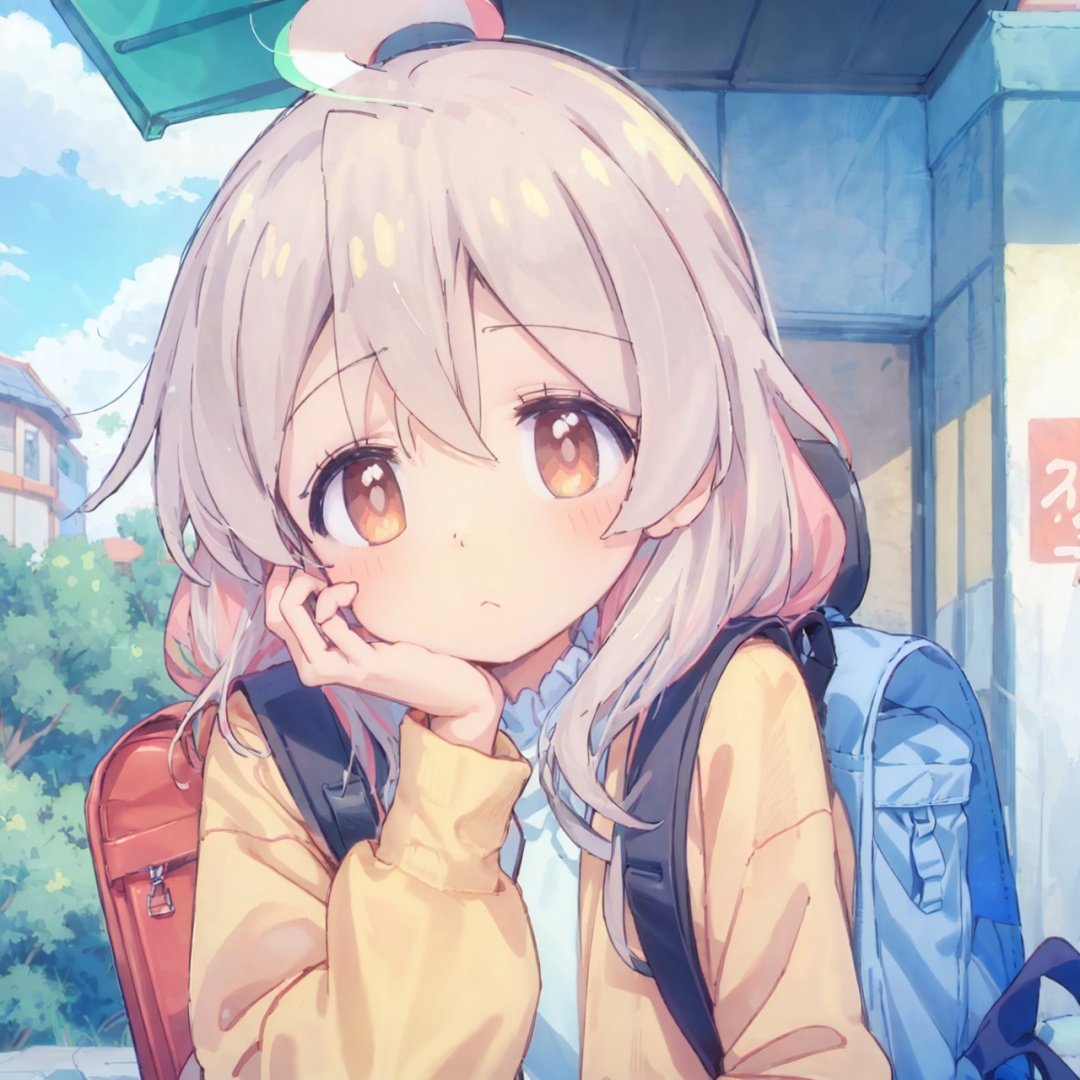 (anime style),  (anime screen), portrait, close up, white hair, red eyes, anime style,  1girl,  solo,  long hair,  looking at viewer,  hair,  blurry,  closed mouth,  blurry background,  jacket,  outdoors,  bag,  blush,  bangs,  long sleeves,  upper body,  backpack,  hand up,  hand on own face,  head rest,  depth of field,  hand on own cheek,  cloud,cuteloli,mahiro