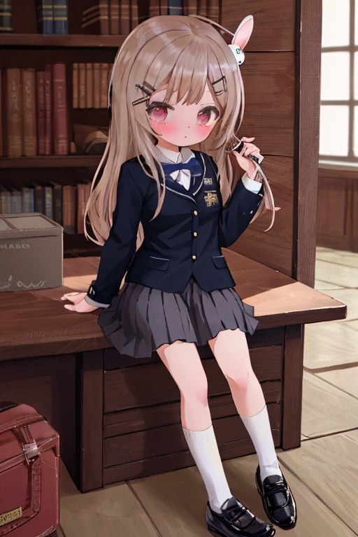 masterpiece, best quality, best quality,Amazing,beautiful,blush, bow, hair_ornament, hairclip, long_hair, long_skirt, long_sleeves, rabbit_house_uniform, shirt, shoes, skirt, {loli}.,cuteloli