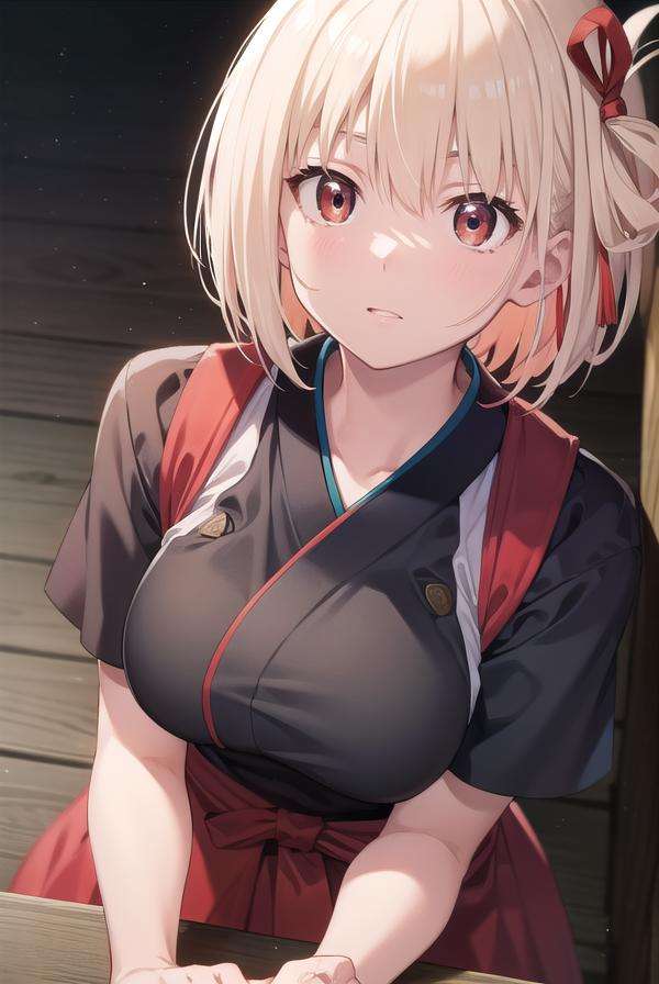 chisatonishikigi, <lora:chisatonishikigitest:1>, nishikigi chisato, short hair, bangs, blonde hair, (red eyes:1.5), hair ribbon, one side up, bob cut,BREAK japanese clothes, kimono, apron, red ribbon, waitress, red kimono,BREAK outdoors, track and field,BREAK looking at viewer, BREAK <lora:GoodHands-vanilla:1>, (masterpiece:1.2), best quality, high resolution, unity 8k wallpaper, (illustration:0.8), (beautiful detailed eyes:1.6), extremely detailed face, perfect lighting, extremely detailed CG, (perfect hands, perfect anatomy),