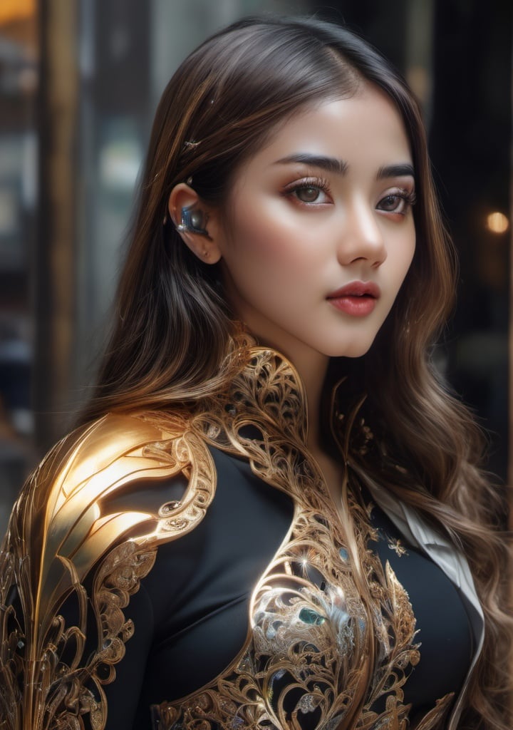 photo, 8k portrait of beautiful cyborg with brown hair, intricate, elegant, highly detailed, majestic, digital photography, art by artgerm and ruan jia and greg rutkowski surreal painting gold butterfly filigree, broken glass, (masterpiece, sidelighting, finely detailed beautiful eyes: 1.2), hdr, realistic, high definition, <lora:gh3a_XL-000004:1>