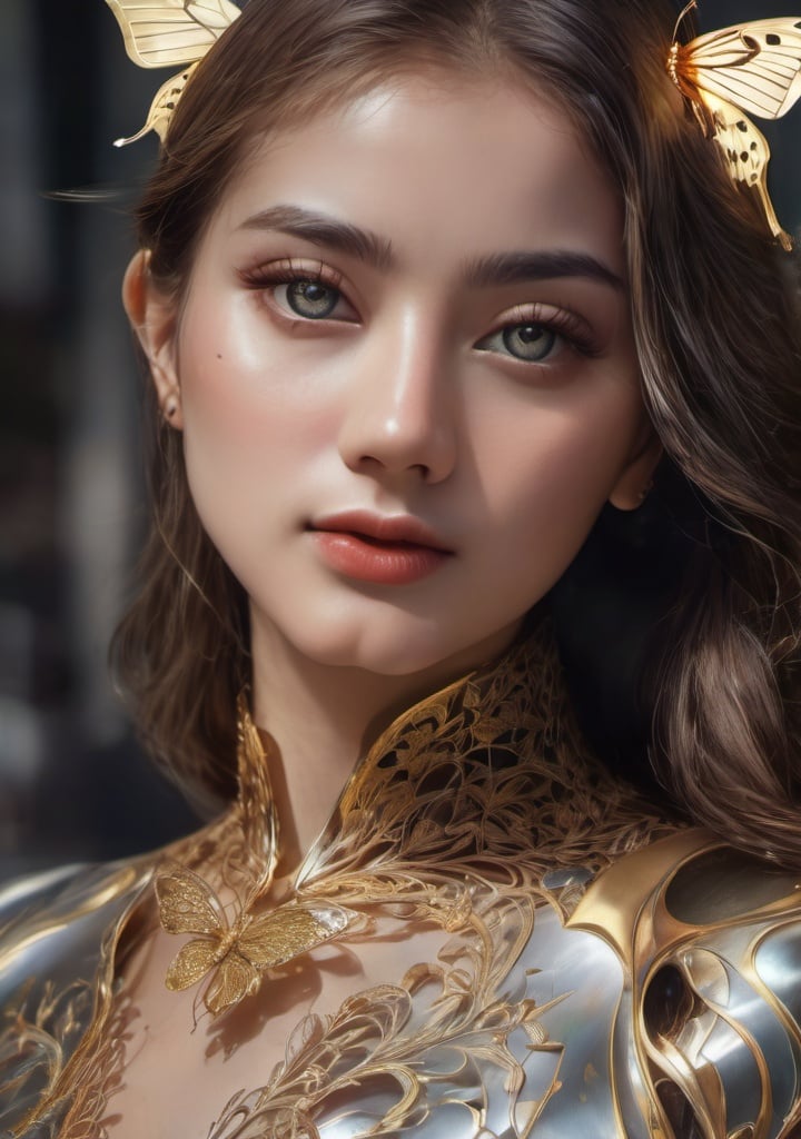 photo, 8k portrait of beautiful cyborg with brown hair, intricate, elegant, highly detailed, majestic, digital photography, art by artgerm and ruan jia and greg rutkowski surreal painting gold butterfly filigree, broken glass, (masterpiece, sidelighting, finely detailed beautiful eyes: 1.2), hdr, realistic, high definition, <lora:gh3a_XL-000004:1>