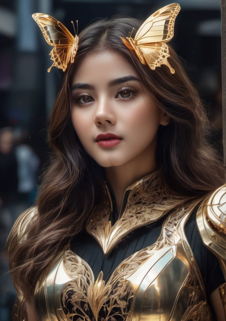 photo, 8k portrait of beautiful cyborg with brown hair, intricate, elegant, highly detailed, majestic, digital photography, art by artgerm and ruan jia and greg rutkowski surreal painting gold butterfly filigree, broken glass, (masterpiece, sidelighting, finely detailed beautiful eyes: 1.2), hdr, realistic, high definition, <lora:gh3a_XL-000004:1>