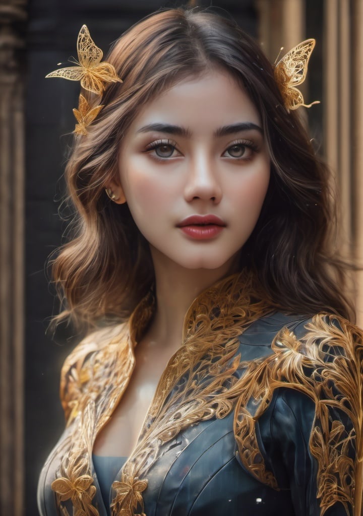 photo, 8k portrait of beautiful cyborg with brown hair, intricate, elegant, highly detailed, majestic, digital photography, art by artgerm and ruan jia and greg rutkowski surreal painting gold butterfly filigree, broken glass, (masterpiece, sidelighting, finely detailed beautiful eyes: 1.2), hdr, realistic, high definition, <lora:gh3a_XL-000004:1>