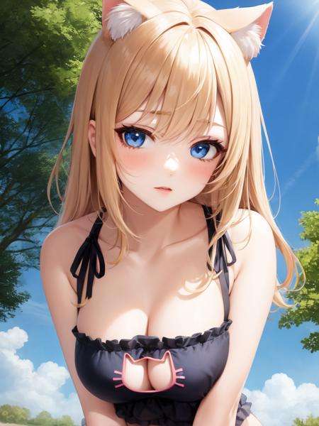 1girl, solo, cat lingerie, cleavage cutout, outdoors, sky, sunlight, animal ear fluff, 