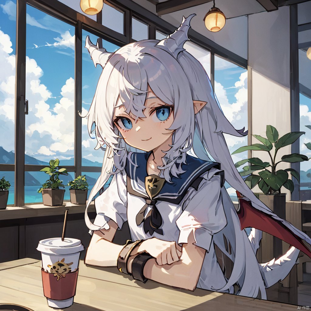 (masterpiece),(highest quality),highres,(an extremely delicate and beautiful),(extremely detailed),
1girl, dragon wings, dragon horns, dragon tail, solo, horns, blue eyes, looking at viewer, cup, wings, indoors, short sleeves, sitting, bracelet, long hair, shirt, white shirt, pointy ears, bangs, ponytail, plant, window, jewelry, closed mouth, dragon horns, cafe, day, disposable cup, potted plant, white hair, serafuku, cloud, hair between eyes, sky, sailor collar, blush, dragon girl, school uniform, table, scenery, demon wings, sidelocks, upper body, looking to the side, smile
BREAK
A dragon girl with white hair and blue eyes sits alone in a cozy cafe. She has pointy ears, dragon horns, and demon wings folded behind her. Wearing a white serafuku with a sailor collar, she smiles softly while looking to the side, as if lost in thought. Her long hair is tied in a ponytail, with bangs neatly framing her face and sidelocks hanging down. She holds a disposable cup in her hand, and a potted plant decorates the table. The window behind her reveals a cloudy sky, and her various pieces of jewelry, including a bracelet, glint subtly in the daylight.