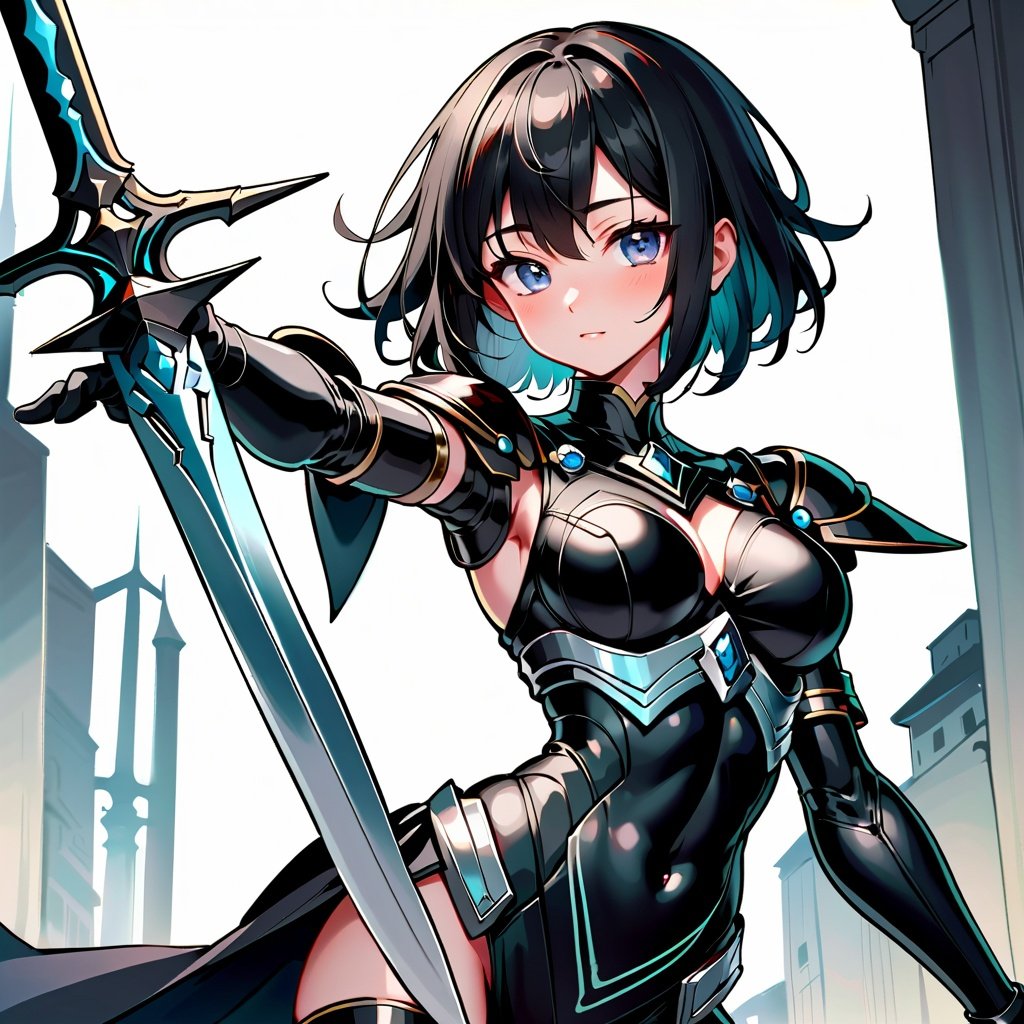 Best quality, masterpiece, Graceful curve, the sword, (young, curly black hair, freckles, BIG beautiful anime eyes, SPARKLING black EYES), slight smile, Mecha warrior, black armor, black