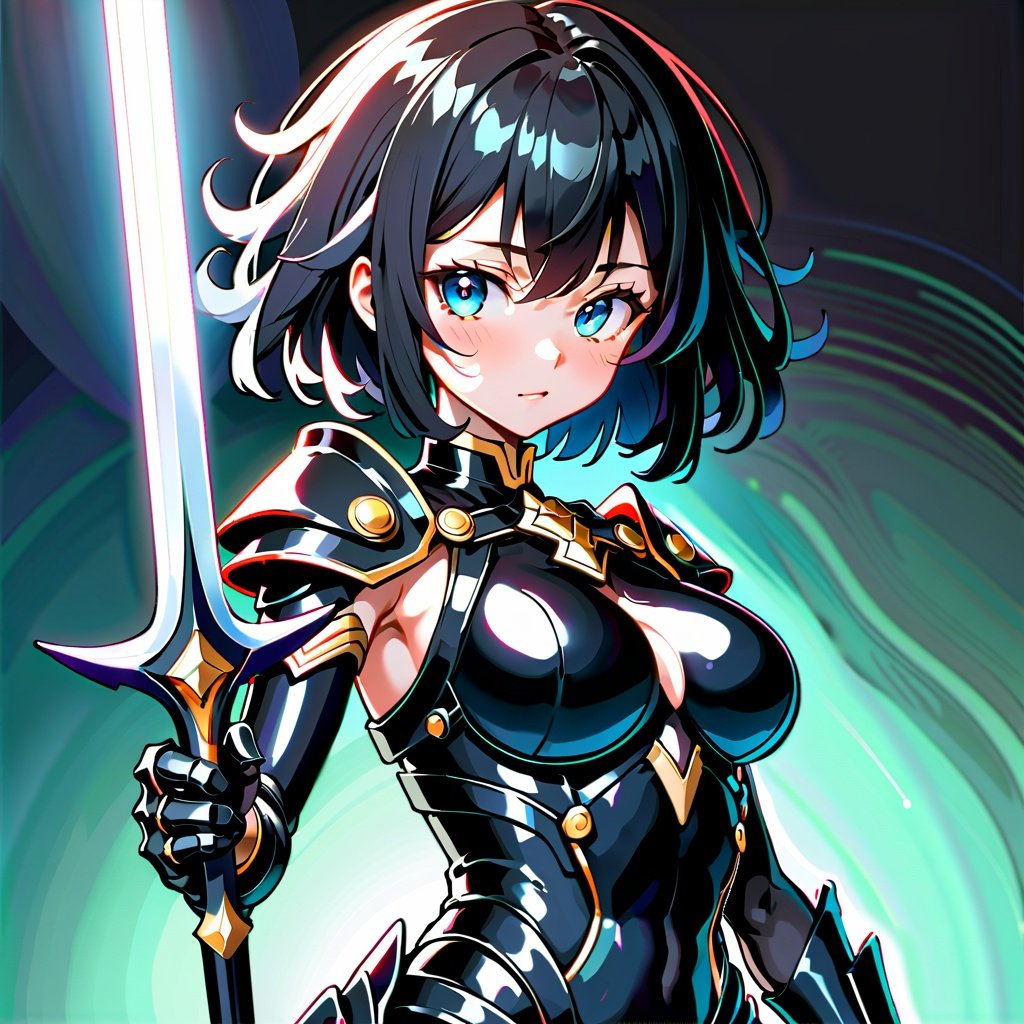 Best quality, masterpiece, Graceful curve, the sword, (young, curly black hair, freckles, BIG beautiful anime eyes, SPARKLING black EYES), slight smile, Mecha warrior, black armor, black