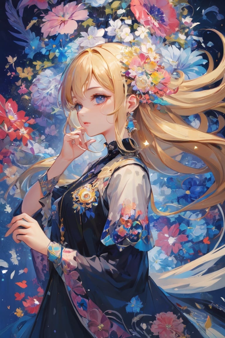 (best quality, masterpiece, official art, beautiful and aesthetic:1.2), 1girl, 2d, anime, waifu, blonde, (hair ornaments, earrings), full body, dynamic pose, looking at viewer, particle, wind, flower, intricate background, extremely detailed, (fractal art:1.2), colorful, (zentangle:1.2), (abstract background:1.5), (many colors:1.4), pixelated fragments, data corruption, colorful noise, visual chaos, contemporary aesthetics,