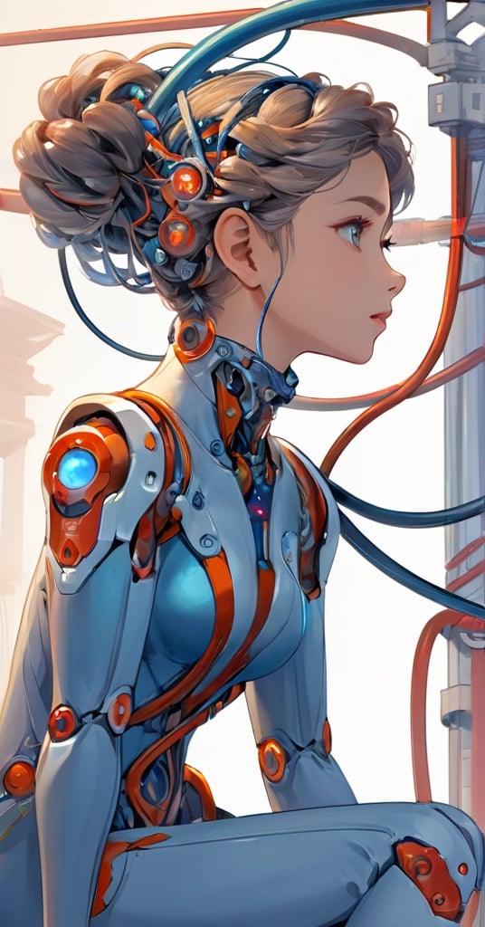 (((full body))), (((masterpiece))), (((best quality))), ((ultra-detailed)), (highly detailed CG illustration), ((an extremely delicate and beautiful)),  cinematic light, ((1mechanical girl)), solo, full body, (machine made joints:1.2), ((machanical limbs)), (blood vessels connected to tubes), (mechanical vertebra attaching to back), ((mechanical cervial attaching to neck)), (sitting), expressionless, (wires and cables attaching to neck:1.2), (wires and cables on head:1.2), (character focus), science fiction, extreme detailed, colorful, highest detailed, . magnificent, celestial, ethereal, painterly, epic, majestic, magical,