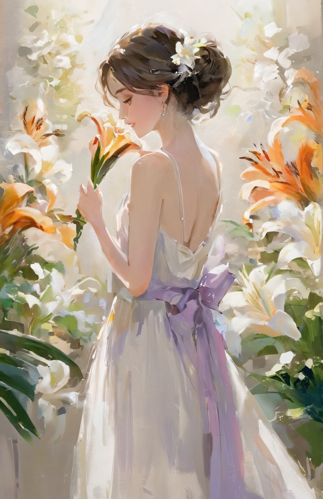 Bestquality,masterpiece,1girl,beautiful_face,eyebrows_visible_through_hair,lily_\(flower\),dress,holding_flower,from_side,