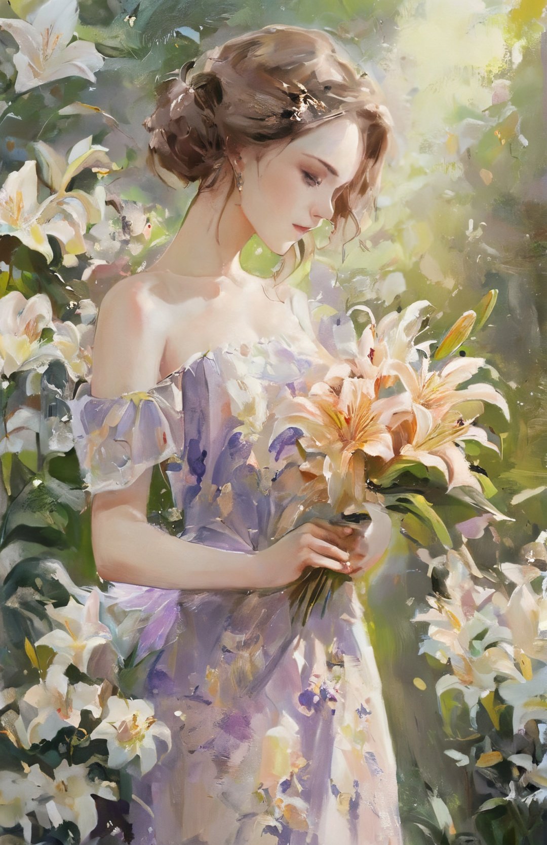 Bestquality,masterpiece,1girl,beautiful_face,eyebrows_visible_through_hair,lily_\(flower\),dress,holding_flower,from_side,