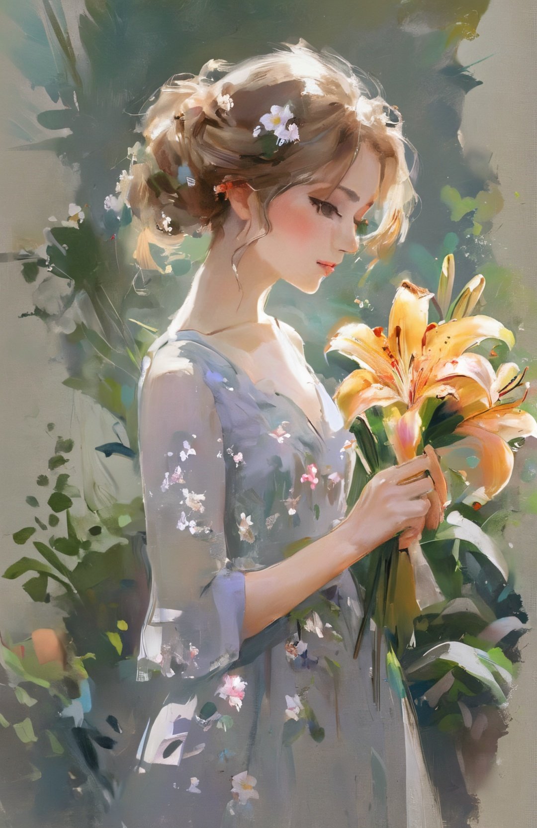 Bestquality,masterpiece,1girl,beautiful_face,eyebrows_visible_through_hair,lily_\(flower\),dress,holding_flower,from_side,