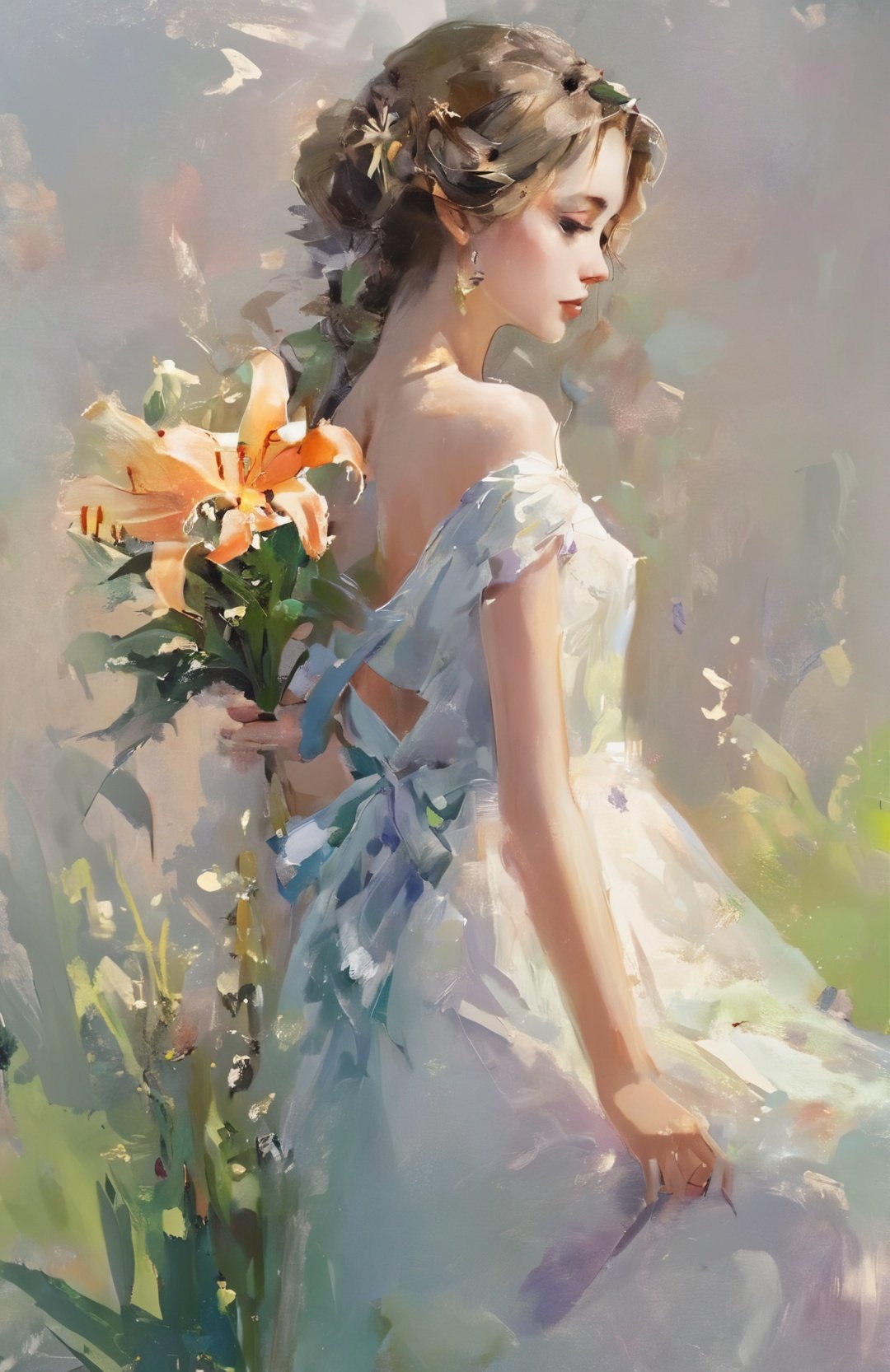 Bestquality,masterpiece,1girl,beautiful_face,eyebrows_visible_through_hair,lily_\(flower\),dress,holding_flower,from_side,