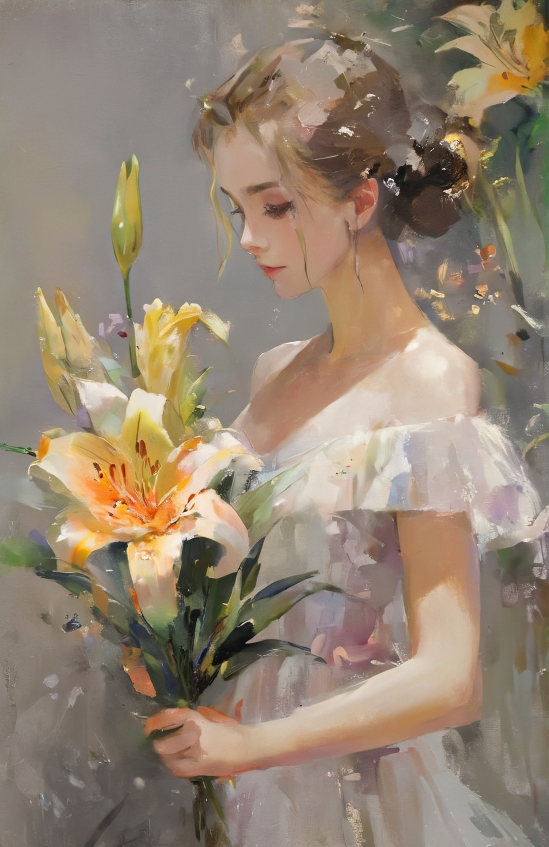 Bestquality,masterpiece,1girl,beautiful_face,eyebrows_visible_through_hair,lily_\(flower\),dress,holding_flower,from_side,