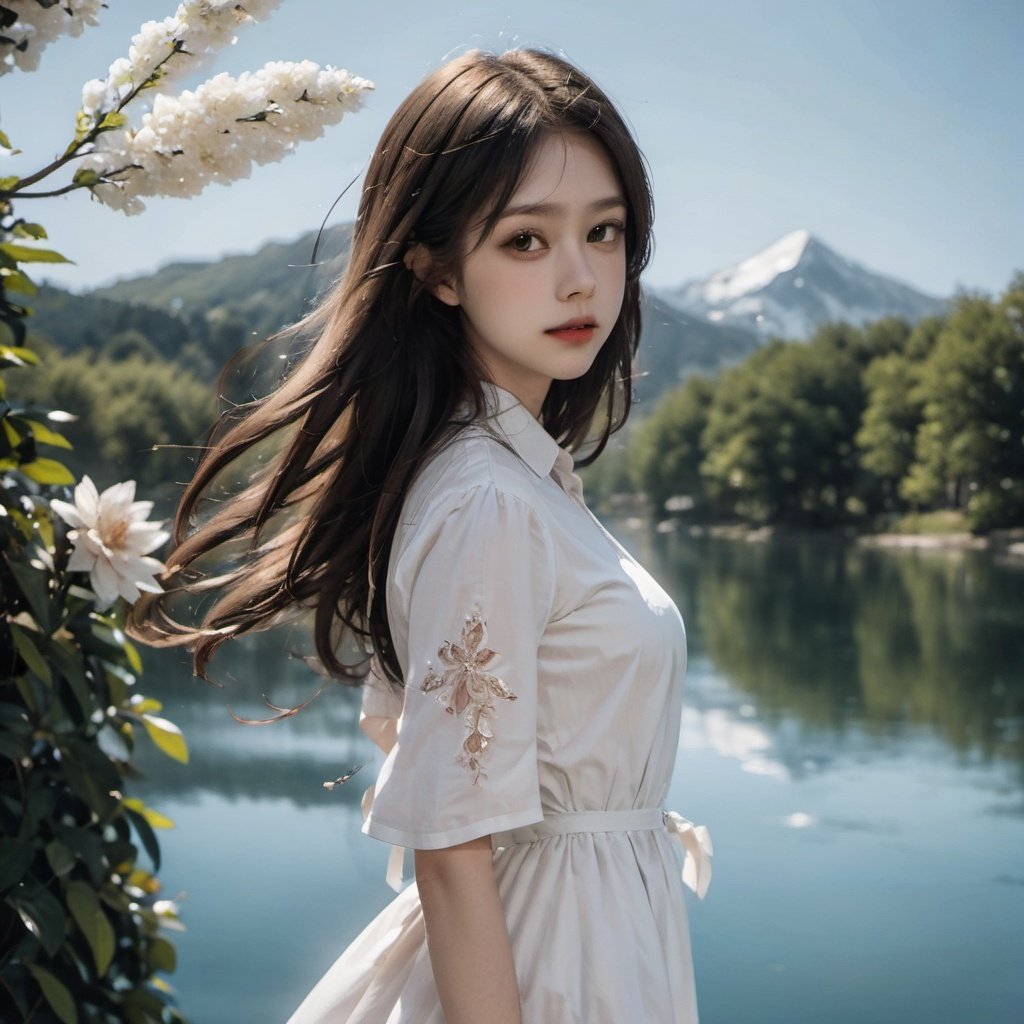 1girl,portrait,lake,bridge,tree,mountain,white dress,luxiem,looking at viewer,wings,angel,portrait,flowers