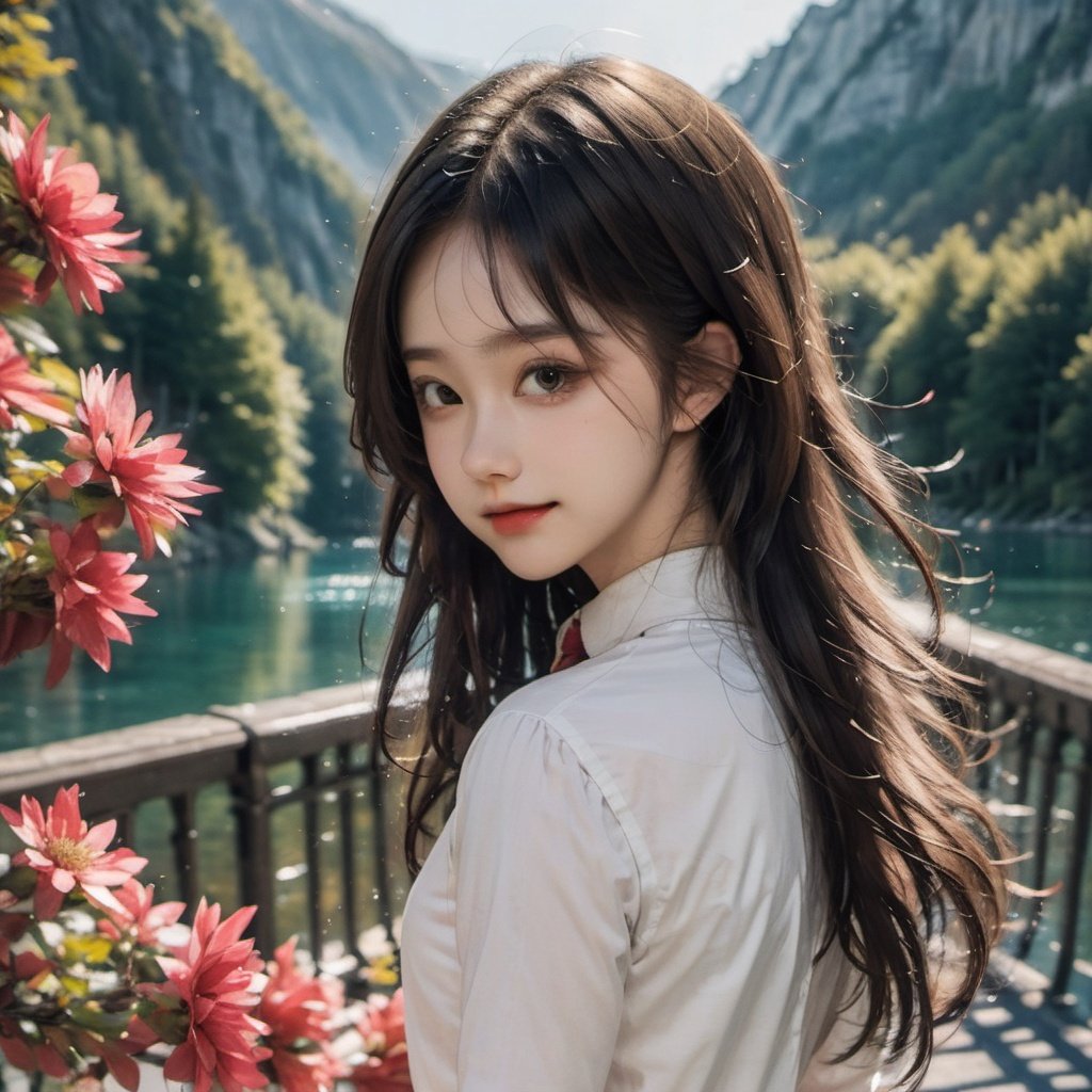 1girl,upper body,lake,bridge,tree,mountain,white dress,luxiem,look back and smile,looking at viewer,wings,angel,portrait,flowers