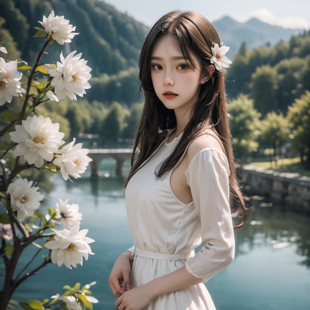 1girl,portrait,lake,bridge,tree,mountain,white dress,luxiem,looking at viewer,wings,angel,portrait,flowers