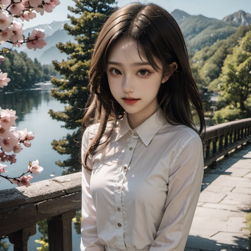 1girl,upper body,lake,bridge,tree,mountain,white dress,luxiem,look back and smile,looking at viewer,wings,angel,portrait,flowers