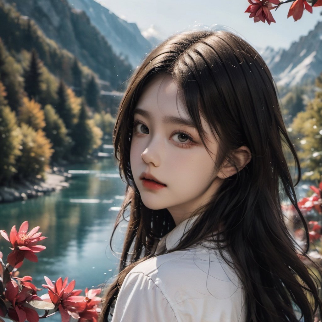 1girl,portrait,lake,bridge,tree,mountain,white dress,luxiem,looking at viewer,wings,angel,portrait,flowers