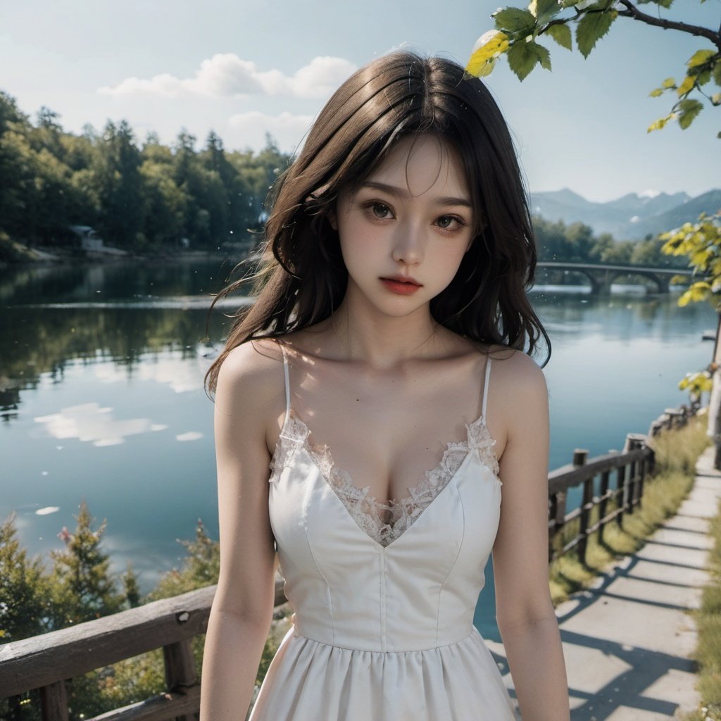 1girl,portrait,lake,bridge,tree,mountain,white dress,luxiem,looking at viewer,wings,angel,portrait,flowers