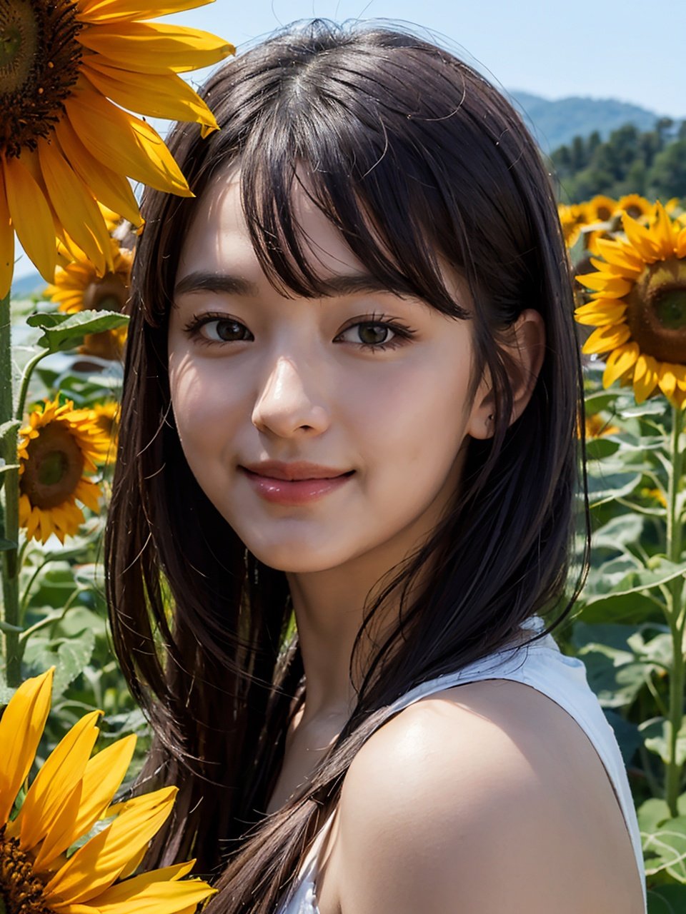 (best quality,masterpiece:1.2),ultra detailed,(photo realistic:1.4),sunflower_background,<lora:Sunflower_v1:0.5>,lite smile,