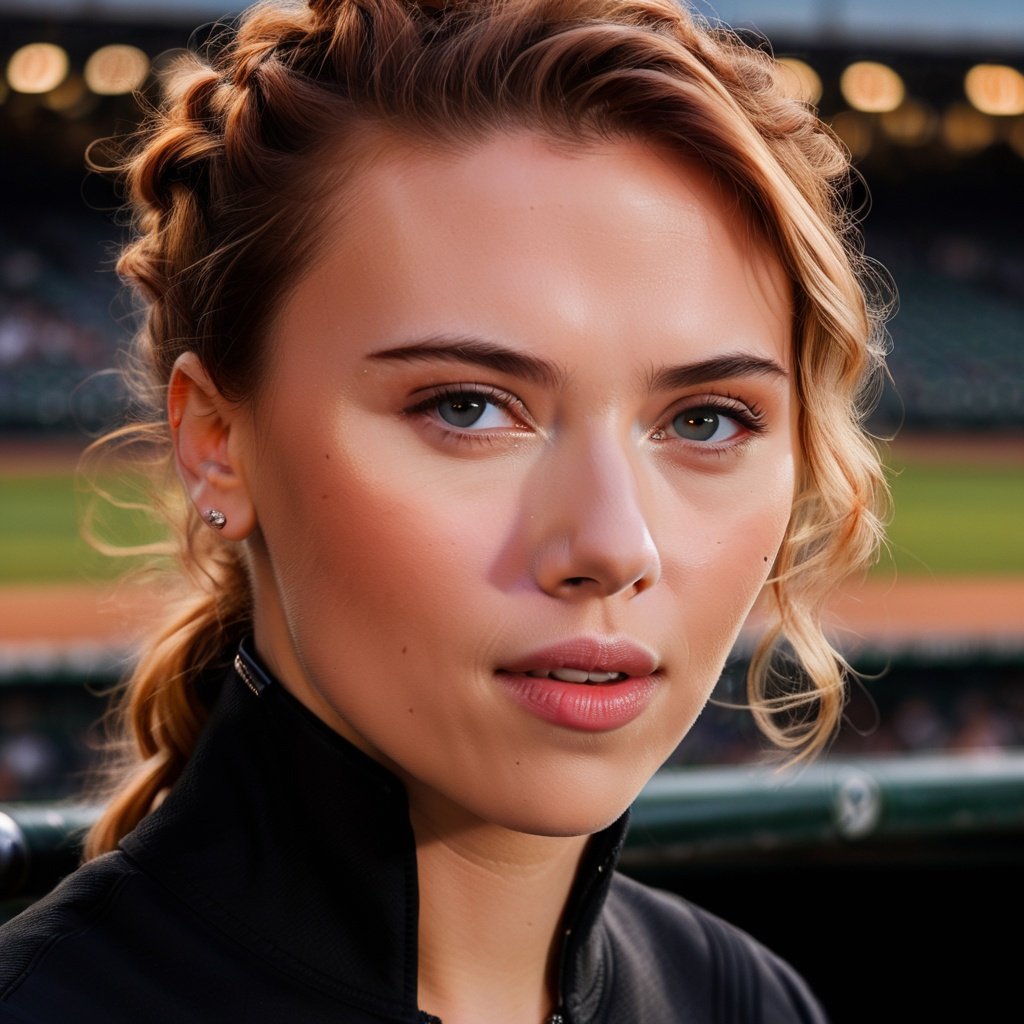 professional close-up portrait photography of the face of a beautiful  ((ohwx woman))  at baseball stadium during Twilight, Nikon Z9