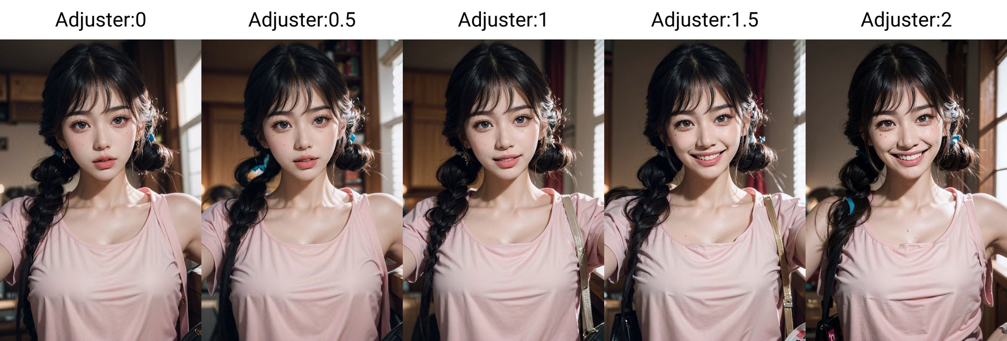 <lora:Smile_Laughing_Adjuster:0>,1girl,(face focus:1.3),1girl, twintails,(pink shirt:1.3), bag, large breasts, (PureErosFace_V1:0.8),(ulzzang-6500:0.3),(red lipstick:0.8),(detailed pupils:1.3),(aegyo sal:1),((puffy eyes)),(film_grain:1.4),RAW,highres,(1 girl,solo:1.6),(detailed face:1.2),(gorgeous beautiful cute Korean woman:1.3),(kpop idol, korean beauty, korean mixed),(small head),((perfect eyes)),((perfect face)),(details:1.4),(high detailed skin:1.2),(extremely detailed CG unity 8k wallpaper),photo of the most beautiful artwork in the world,trending on ArtStation,trending on CGSociety,Intricate,High Detail,Sharp focus,dramatic,volumetric lighting,rim lighting,two tone lighting,cinematiclighting,rim lighting,light particles,sunlight, 