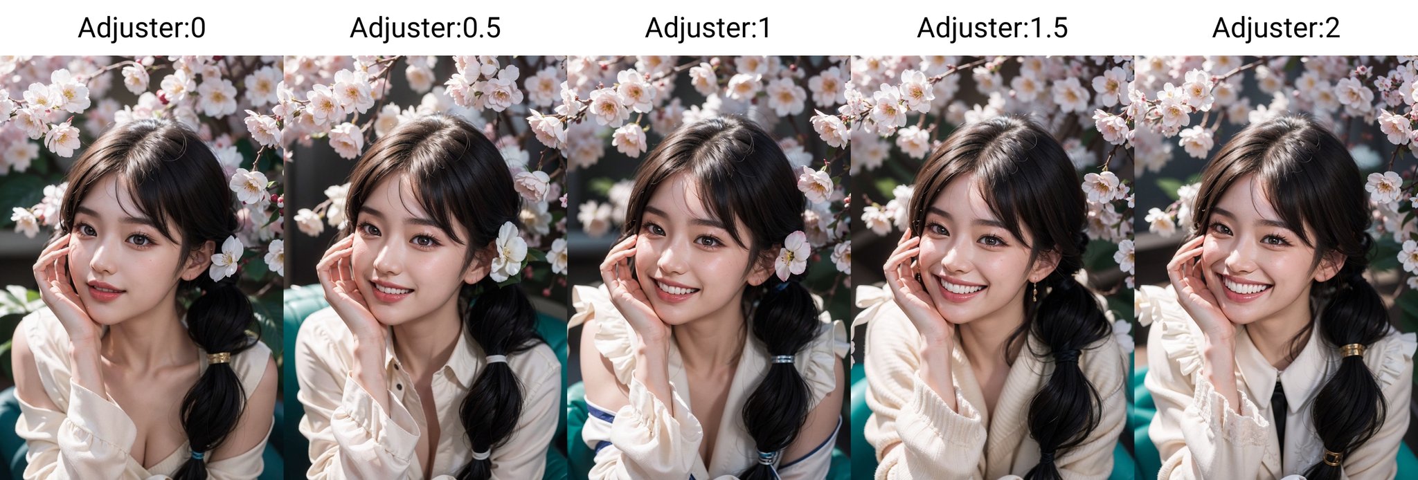 <lora:Smile_Laughing_Adjuster:0>,1girl,(face focus:1.3),1girl, realistic, solo, brown hair, flower, twintails, smile, long hair, teeth, brown eyes, lips, head rest, branch, grin, hand on own face, nose, cherry blossoms(PureErosFace_V1:0.8),(ulzzang-6500:0.3),(red lipstick:0.8),(detailed pupils:1.3),(aegyo sal:1),((puffy eyes)),(film_grain:1.4),RAW,highres,(1 girl,solo:1.6),(detailed face:1.2),(gorgeous beautiful cute Korean woman:1.3),(kpop idol, korean beauty, korean mixed),(small head),((perfect eyes)),((perfect face)),(details:1.4),(high detailed skin:1.2),(extremely detailed CG unity 8k wallpaper),photo of the most beautiful artwork in the world,trending on ArtStation,trending on CGSociety,Intricate,High Detail,Sharp focus,dramatic,volumetric lighting,rim lighting,two tone lighting,cinematiclighting,rim lighting,light particles,sunlight, 